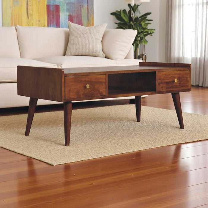 Media Unit, Elevated with 4 Drawers and Open Slot, Solid Wood Dark Brown
