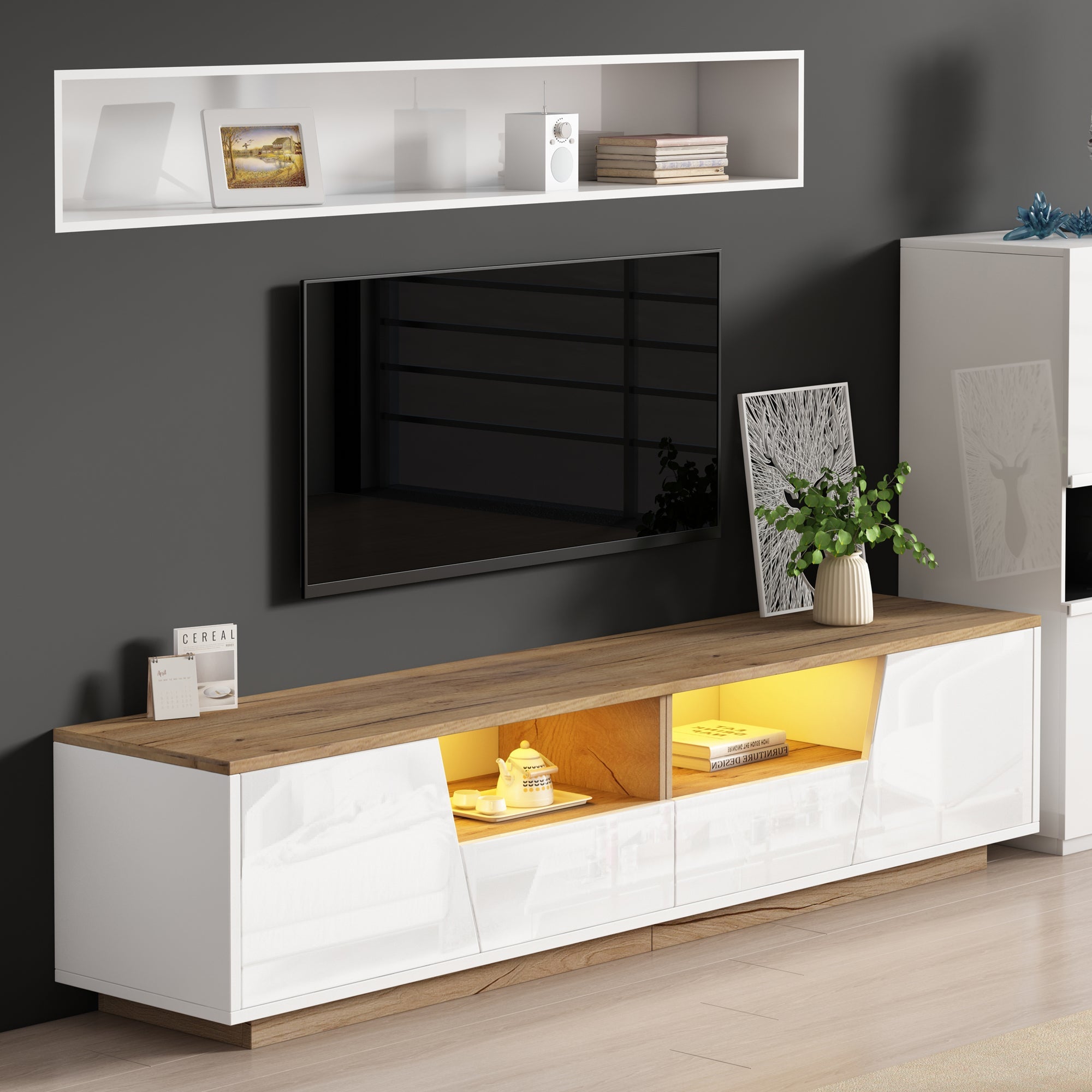 TV Cabinet 180x40x46cm LED High-Gloss Storage for 75 Inch TVs, White/Wood Splice