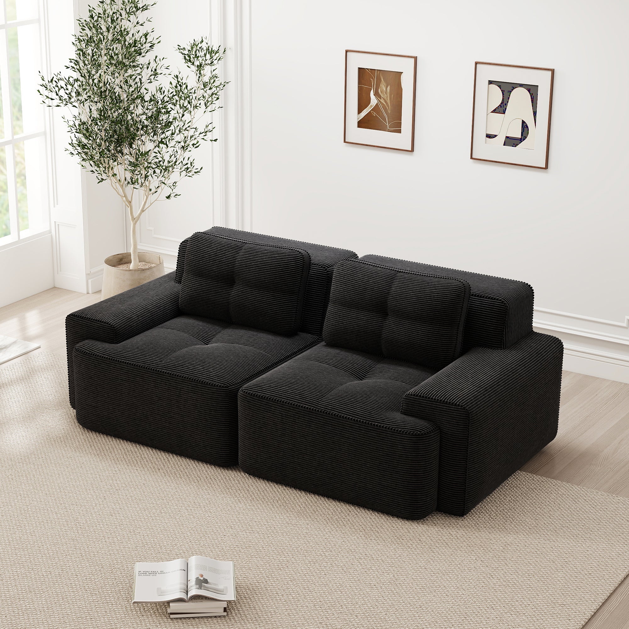 Boneless Modular Sofa Deep Seat Loveseat Sleeper - Corduroy Black