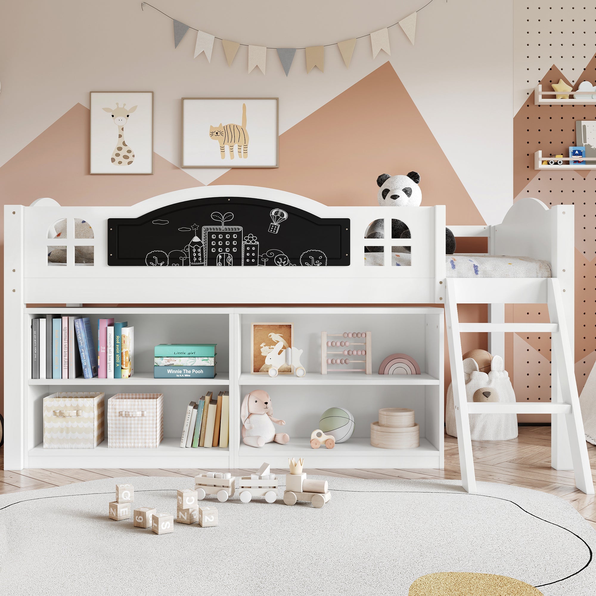 Wooden Storage Bed, 3ft Single with Blackboard and Staircase, White Pine/MDF