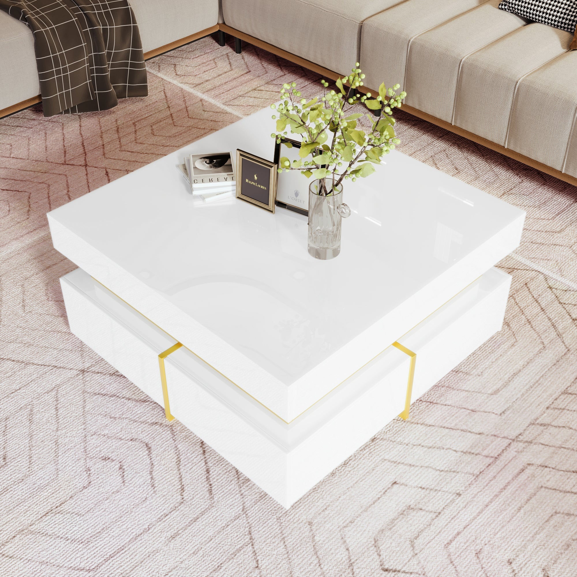 Coffee Table High-Gloss Drawers Gold Accents
