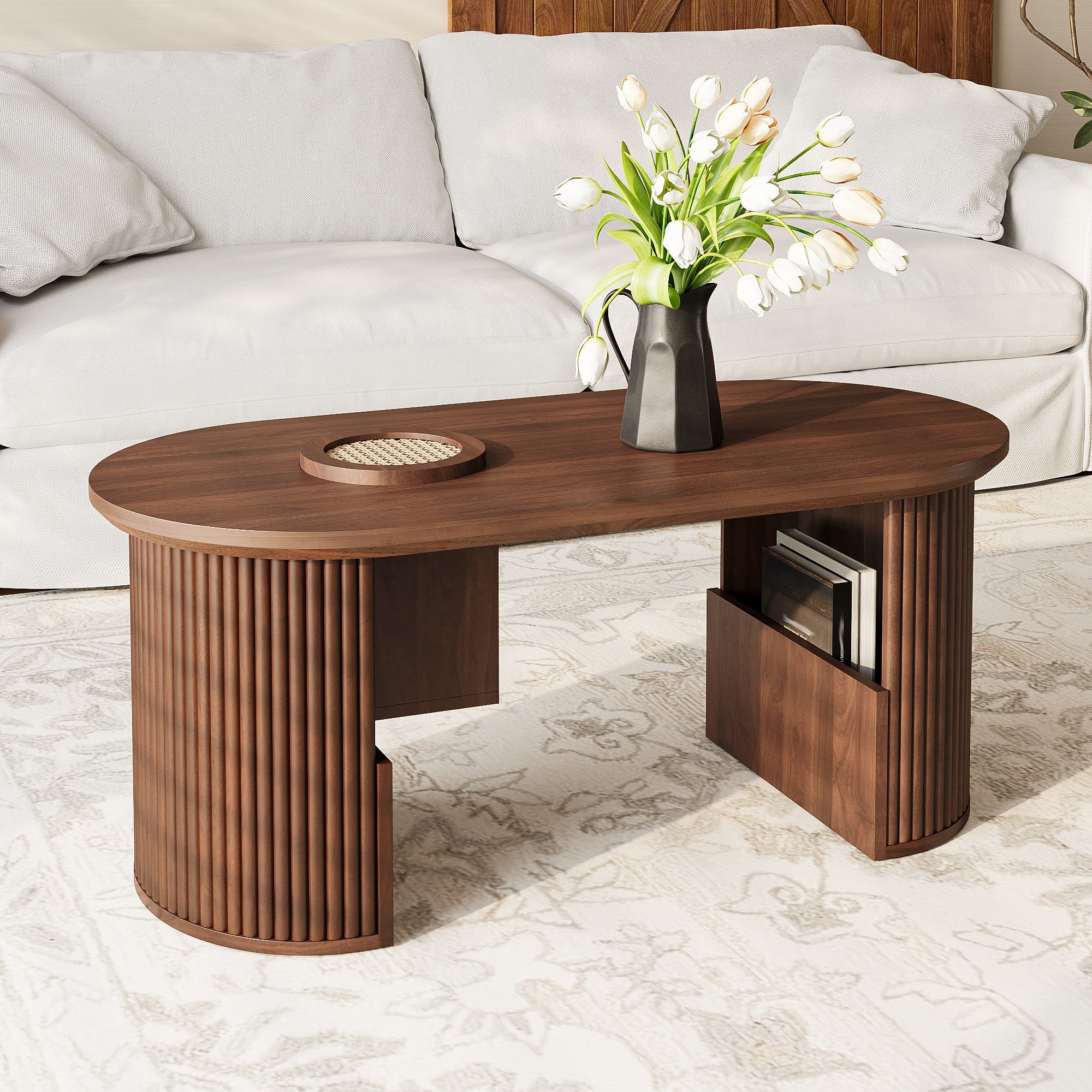 Modern Retro Coffee Table with Vertical Texture, 105x50x46.5cm, Walnut