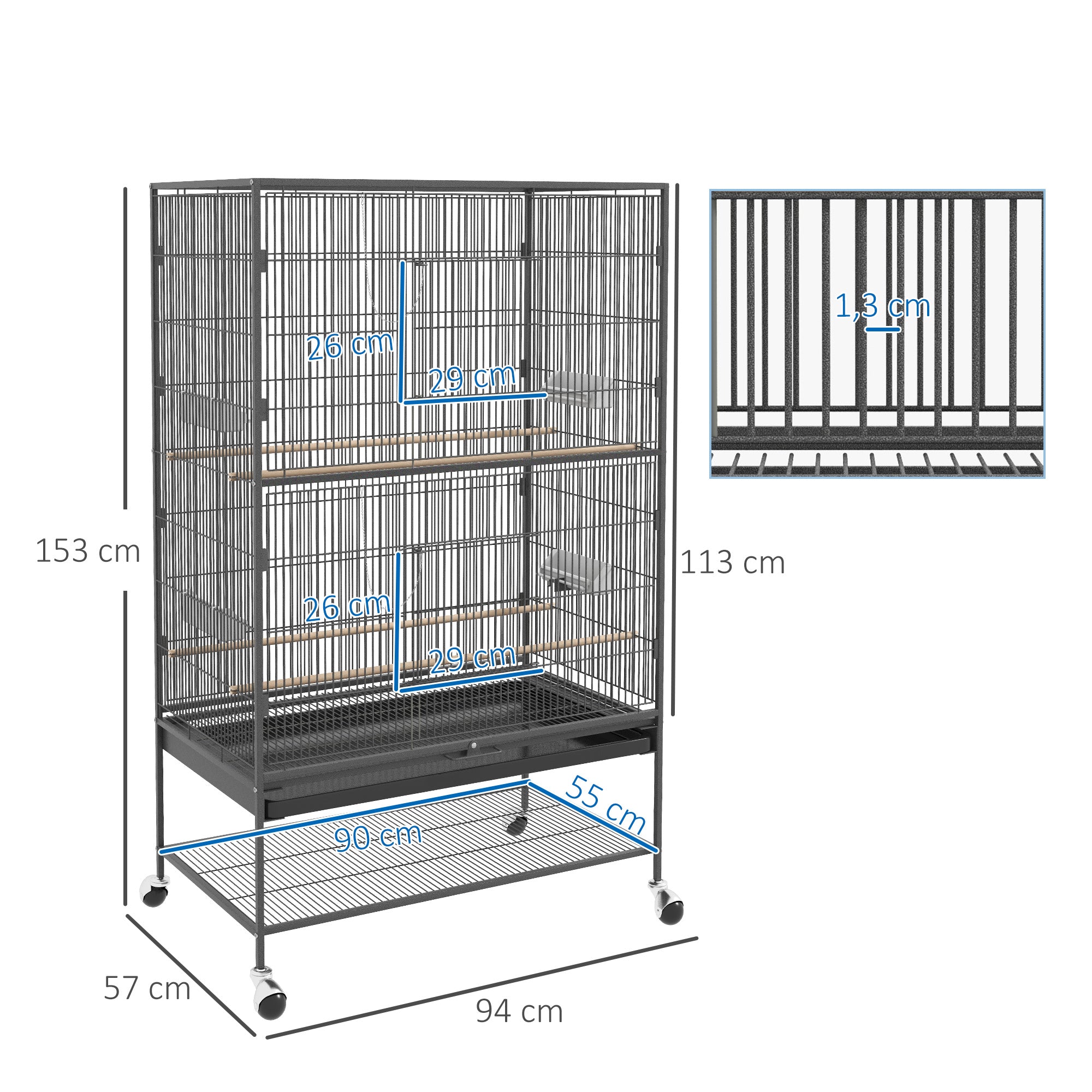 Bird Cage Aviary, Perches, Shelf, Doors, Wheels, Grey