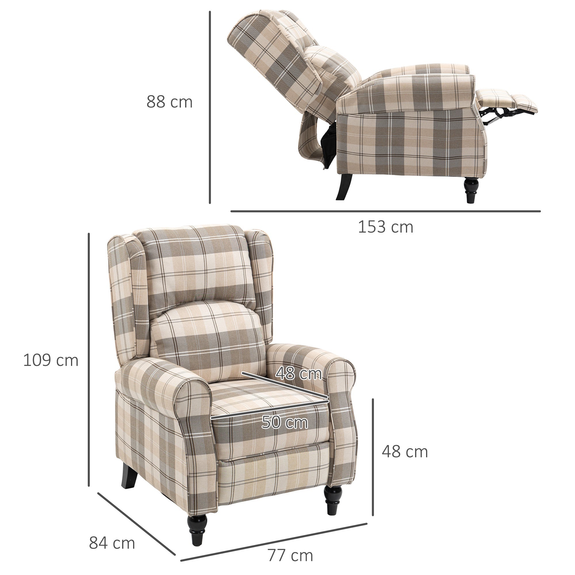 Wingback Recliner Armchair with Footrest, Rubber Wood Legs, Khaki