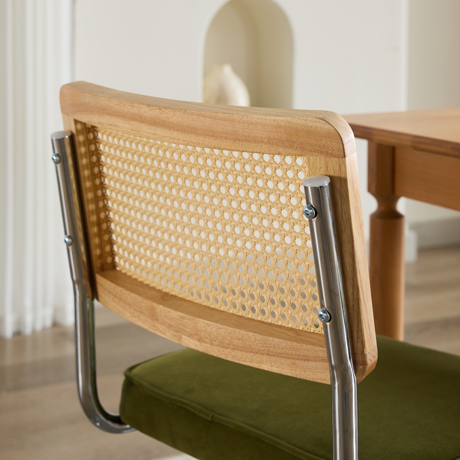 Dining Chairs Set of 2 Mid Century Modern Velvet Cane Back Chrome Base - Olive Green