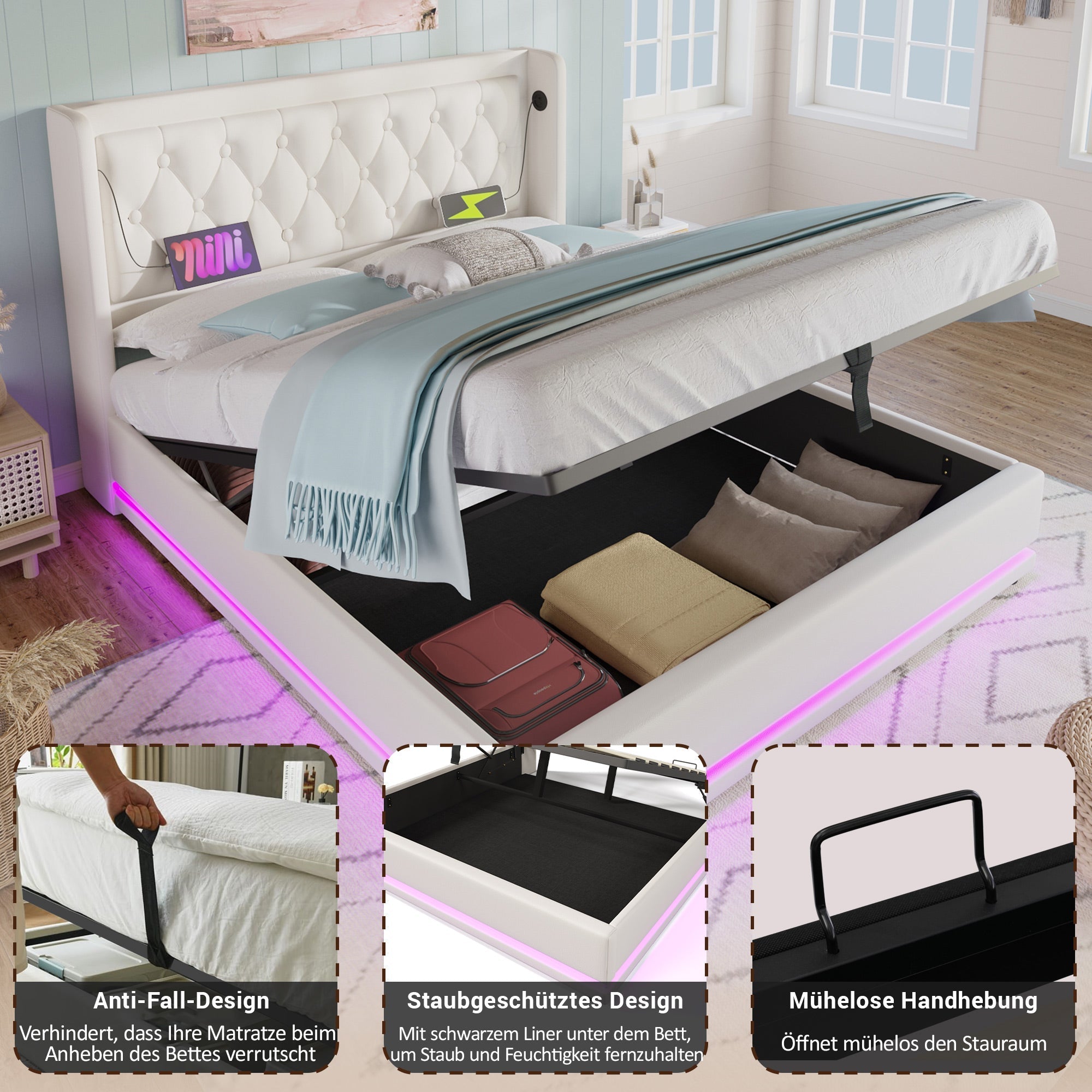 Upholstered Double Bed, 140*200cm Hydraulic Storage with LED & USB, White PU