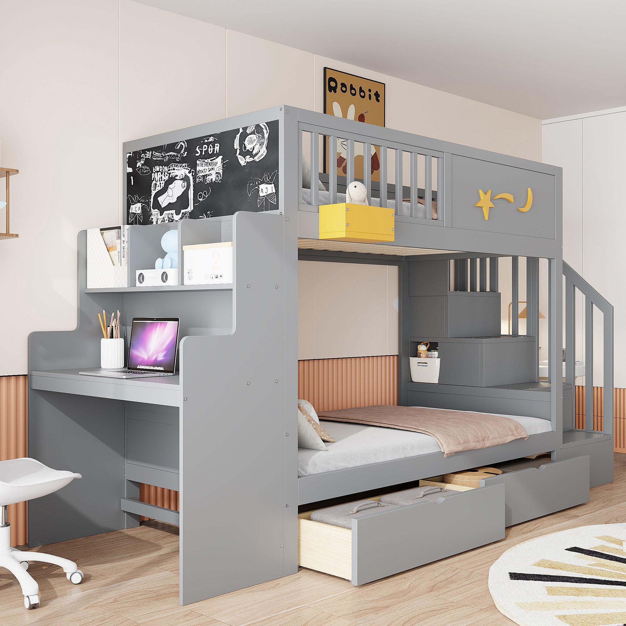 Bunk Bed with Desk, Storage Drawers and Star Motif, 90x200cm, Grey Pine Wood
