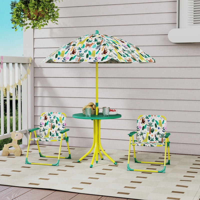 Children's Seating Set 4-piece with Removable Parasol and 2 Folding Chairs Green
