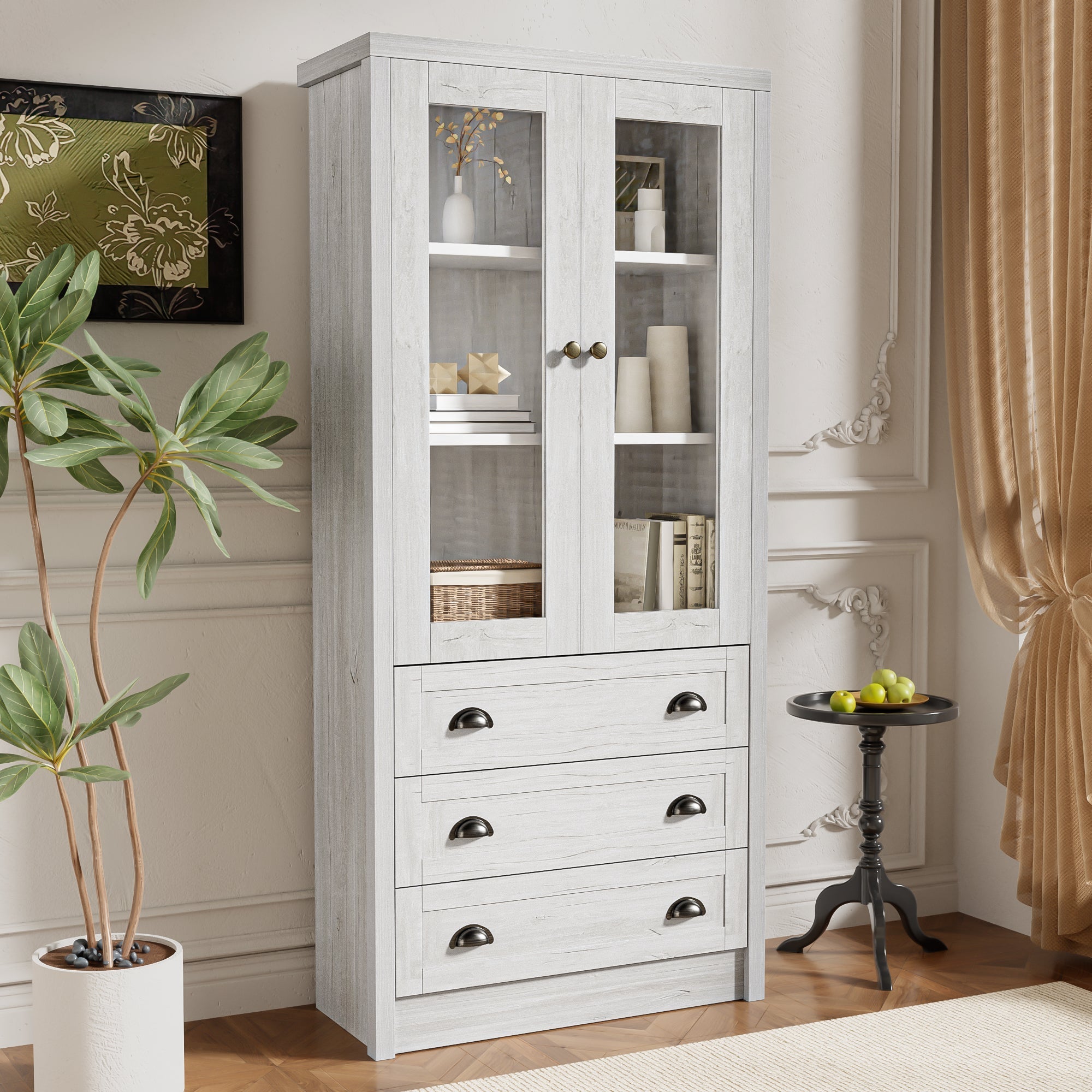 Modern Highboard Cabinet, 80x34x171 cm, Glass Doors, 3 Drawers, Wood Look with Copper Handles