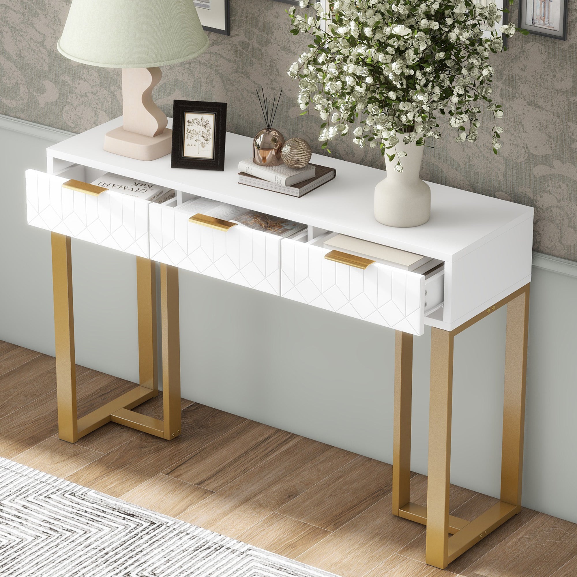 Modern Console Table - Drawers, Adjustable Foot Pads, Elegant Handles - White & Gold