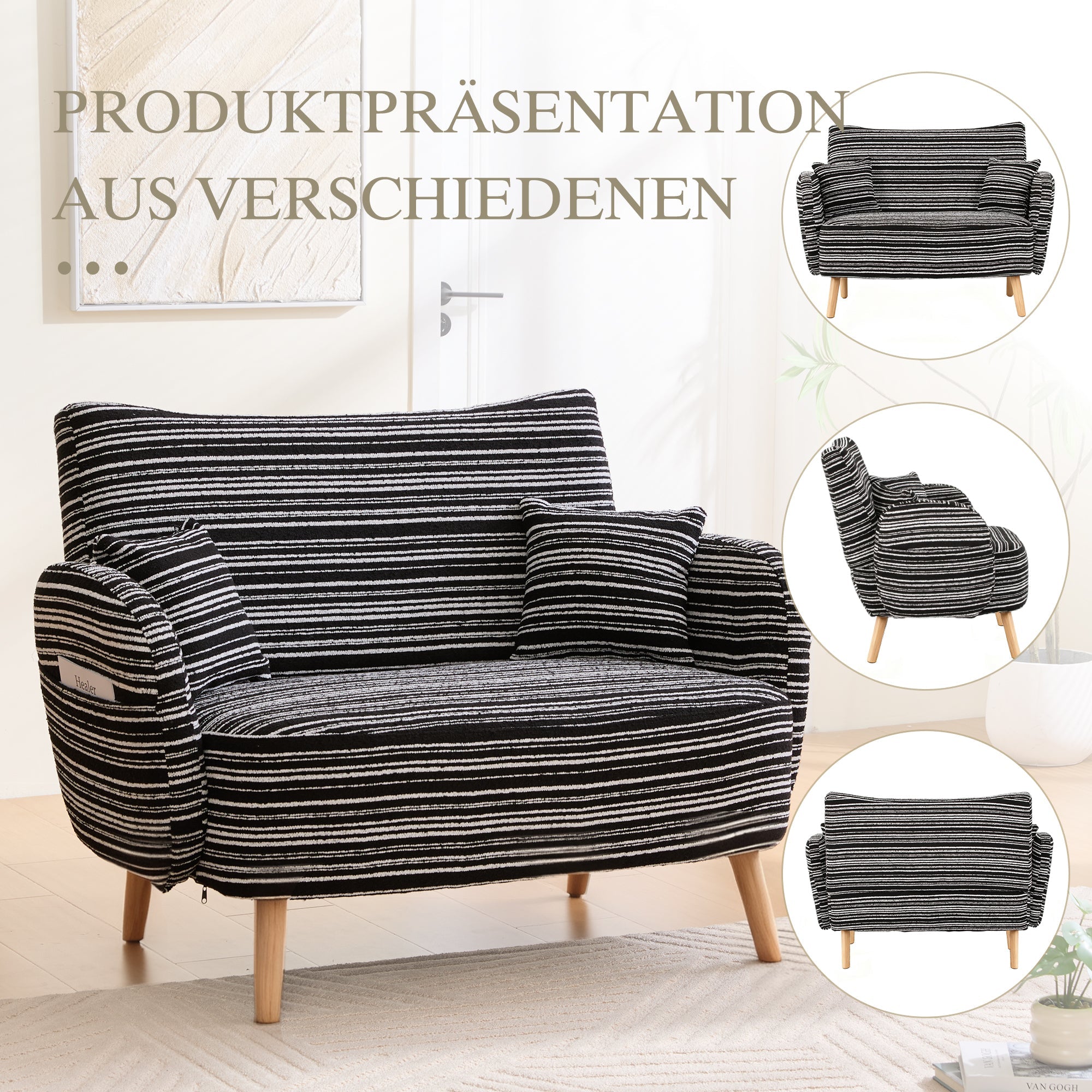 Modern Two-Seater Sofa with Armrest Cushions and Storage Bag, Boucle
