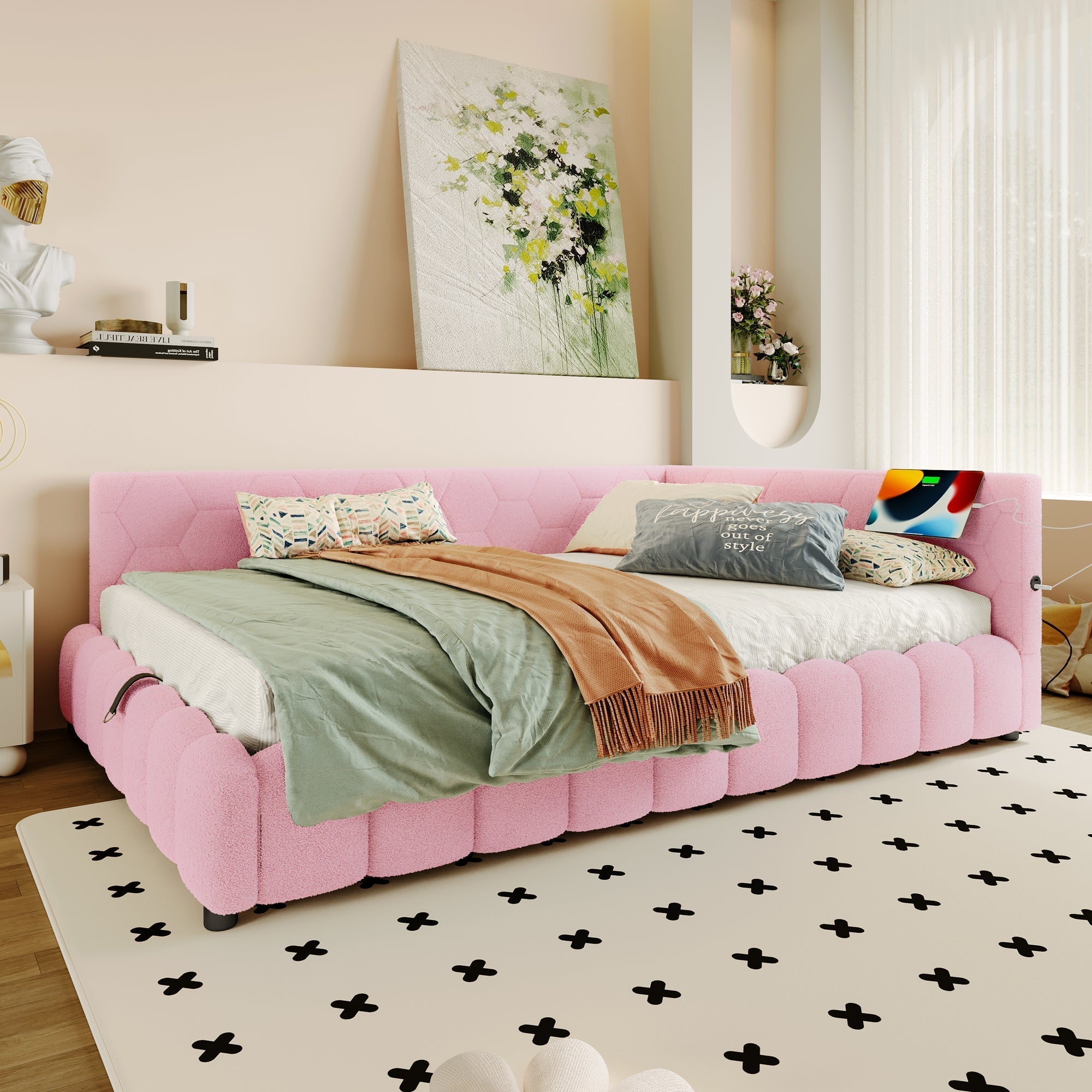 Daybed Sofa Bed 140x200cm Hydraulic Storage LED USB/Type-C - Imitation Fleece Pink