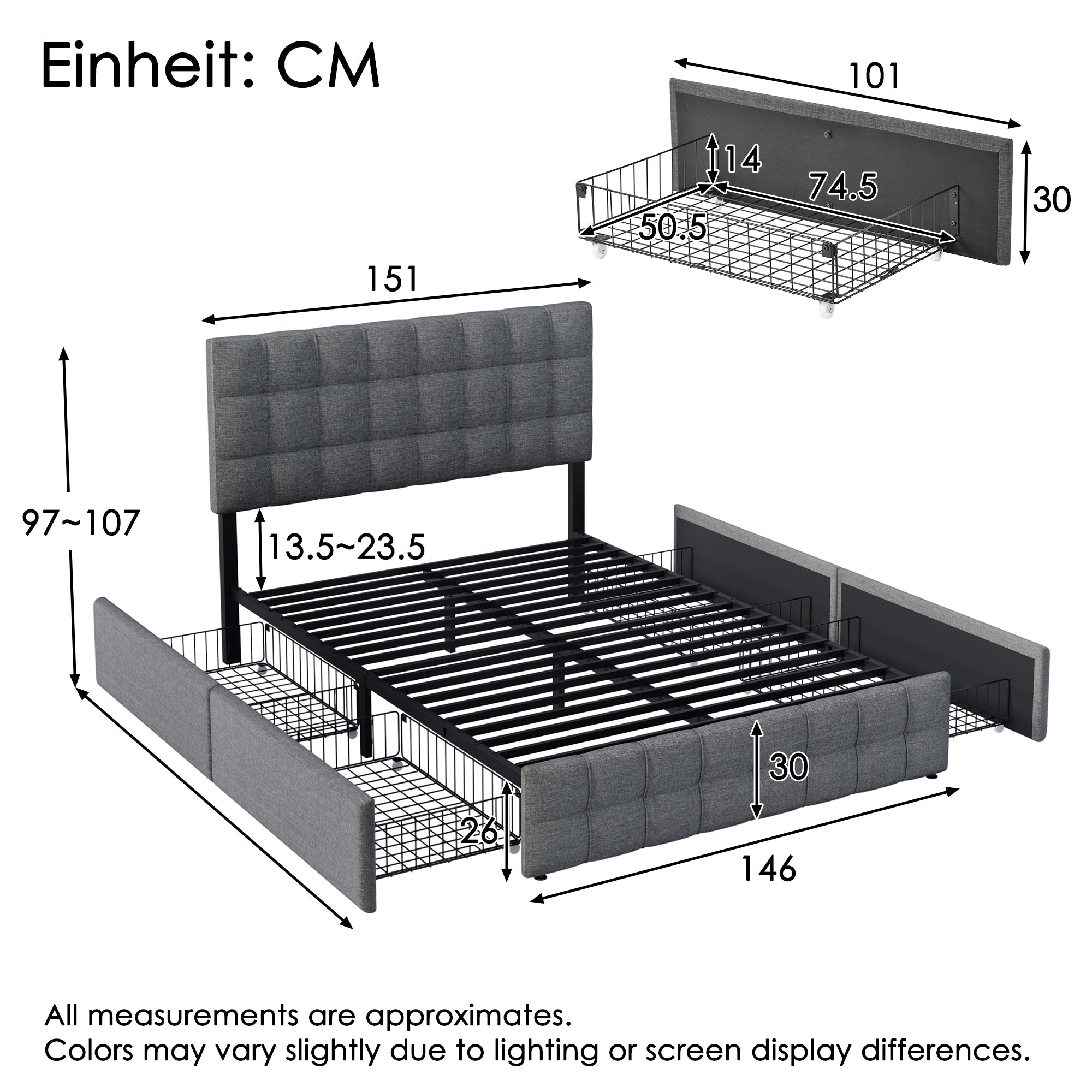 Upholstered Double Bed with 4 Drawers, Adjustable Headboard and Mattress, 140x200cm, Grey Linen