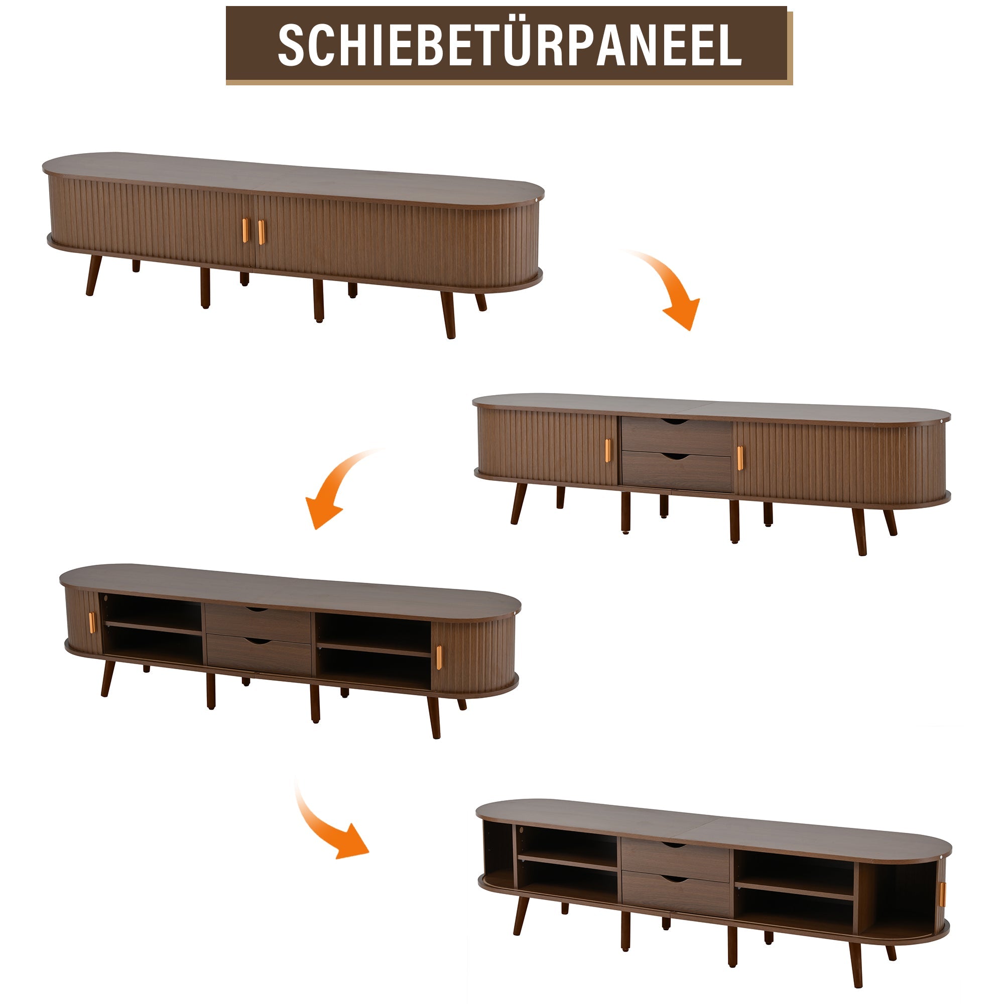 TV Cabinet 175cm Storage 2 Drawers Telescopic Doors, Walnut MDF