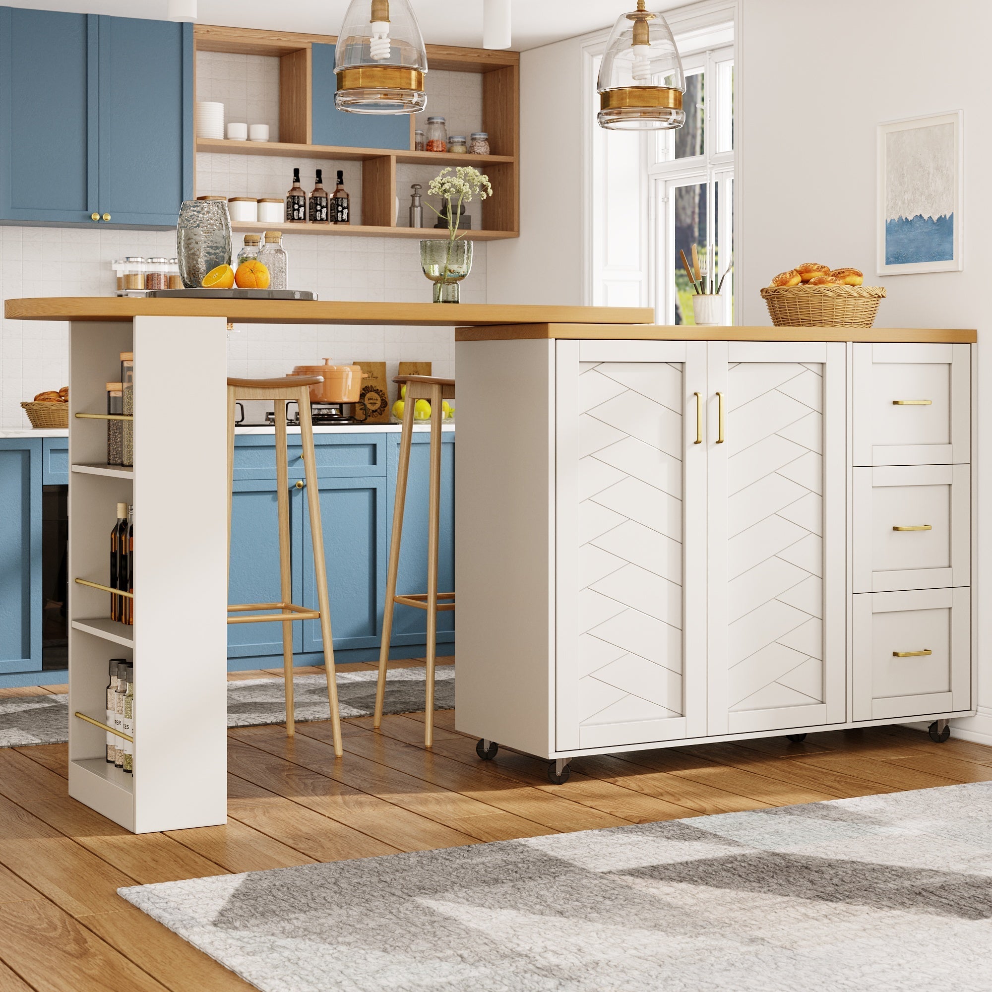 Extendable Bar Cart 2 Doors 3 Drawers Rolling Worktop White/Black Wood Look
