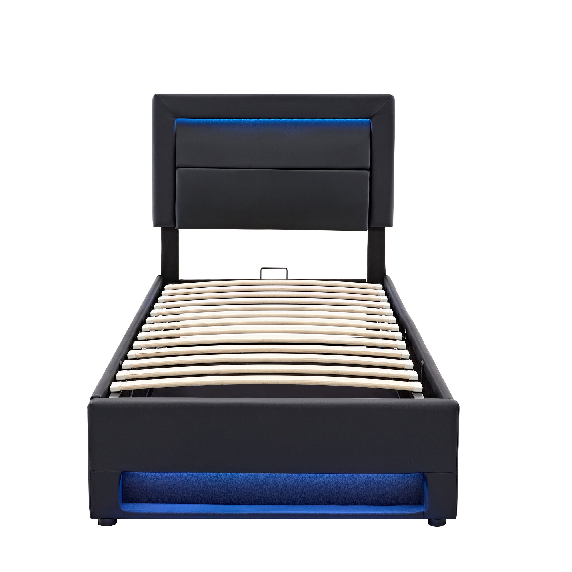 Upholstered Bed 90 x 190 cm with USB Charging, LED Lighting and Storage, Black PU Leather