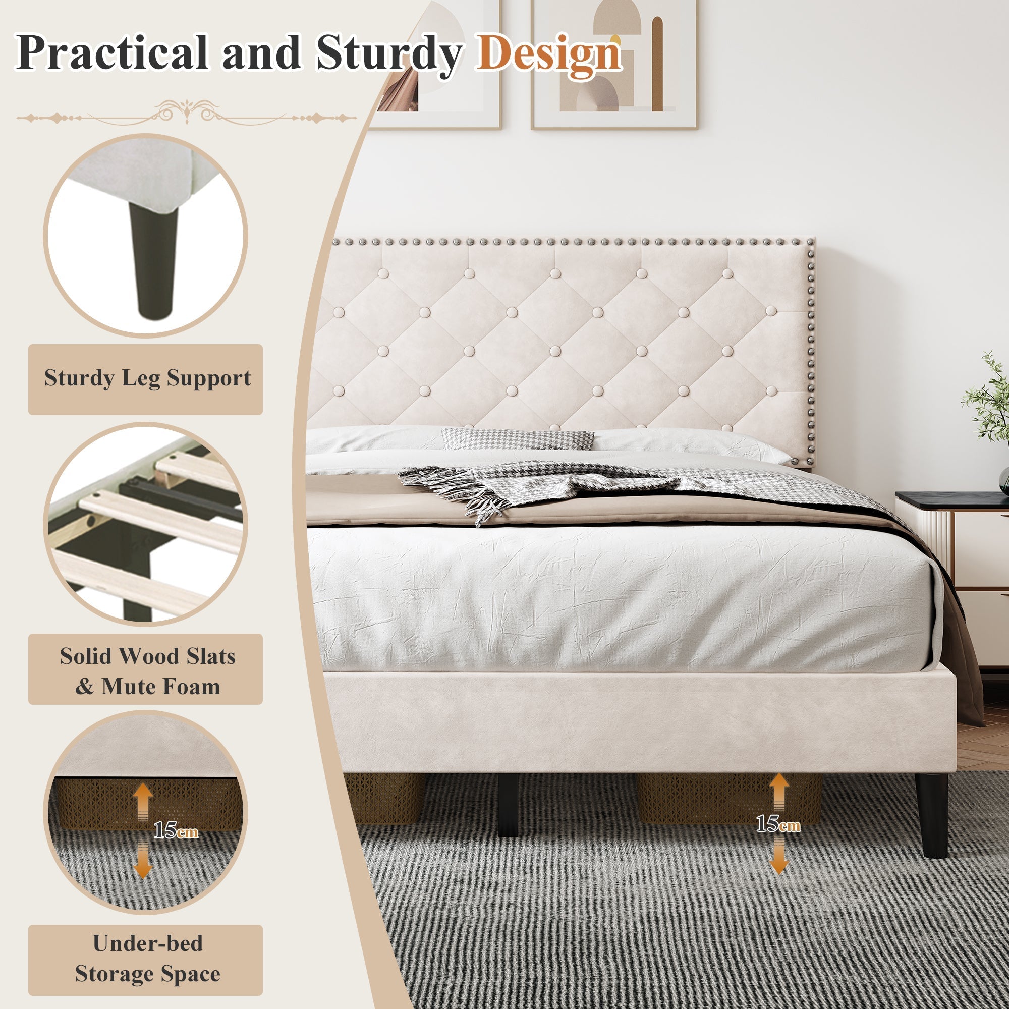 4ft6 Double Upholstered Velvet Bed Frame, Adjustable Button-Tufted & Riveted Headboard, Beige Velvet