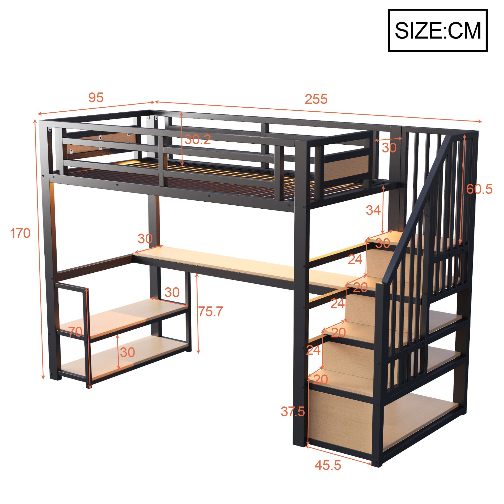 Metal Loft Bed with LED, Socket, Storage Ladder, Shelves and Desk, 90x200cm, Black Metal