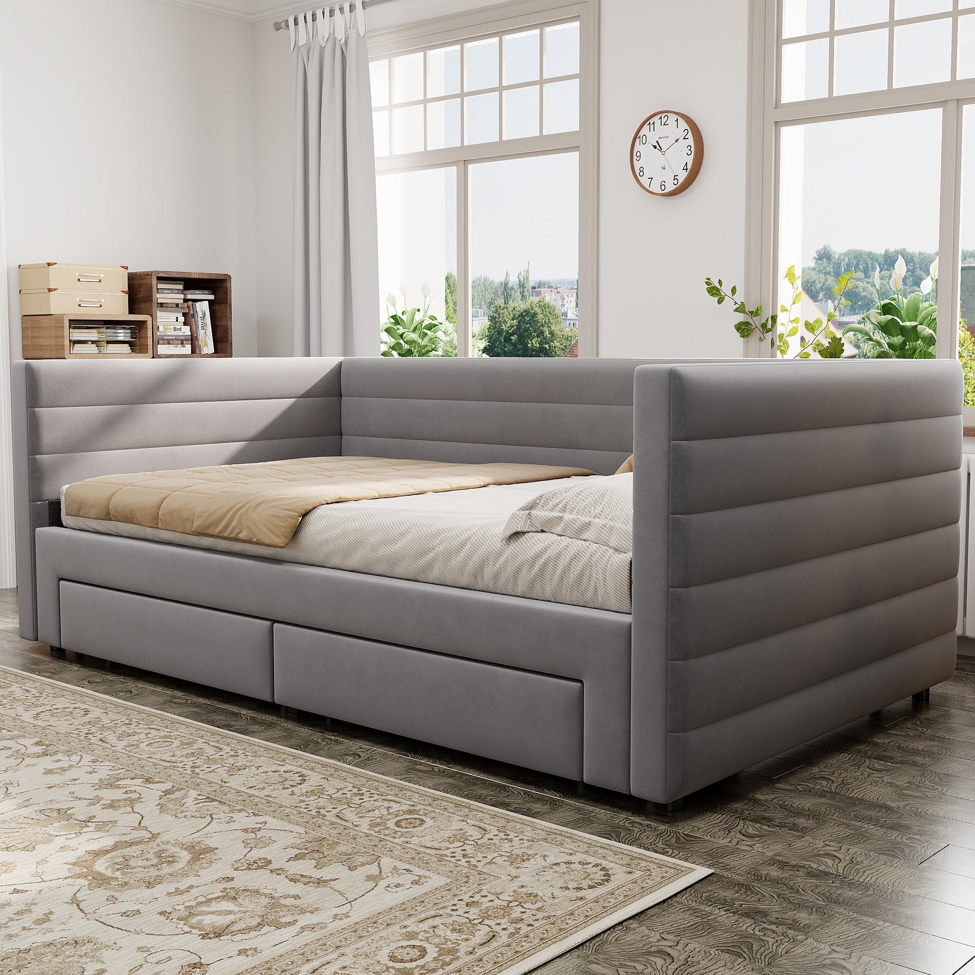 3-in-1 Upholstered Sofa Bed, Extendable with Drawers and Slatted Base, Grey Cotton and Linen