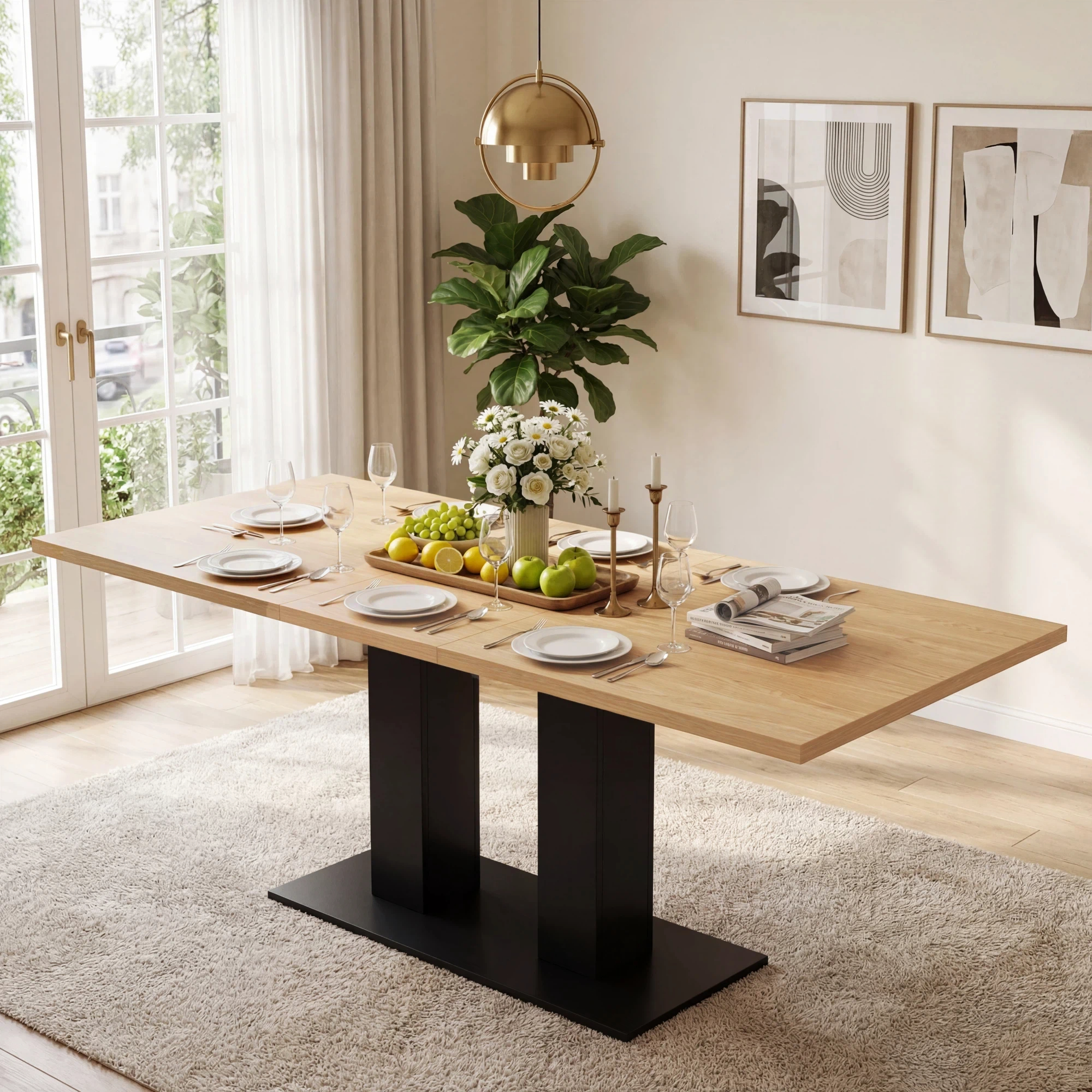 Extendable Dining Table, 140/180x70cm for 6-8 People, Natural Wood Color