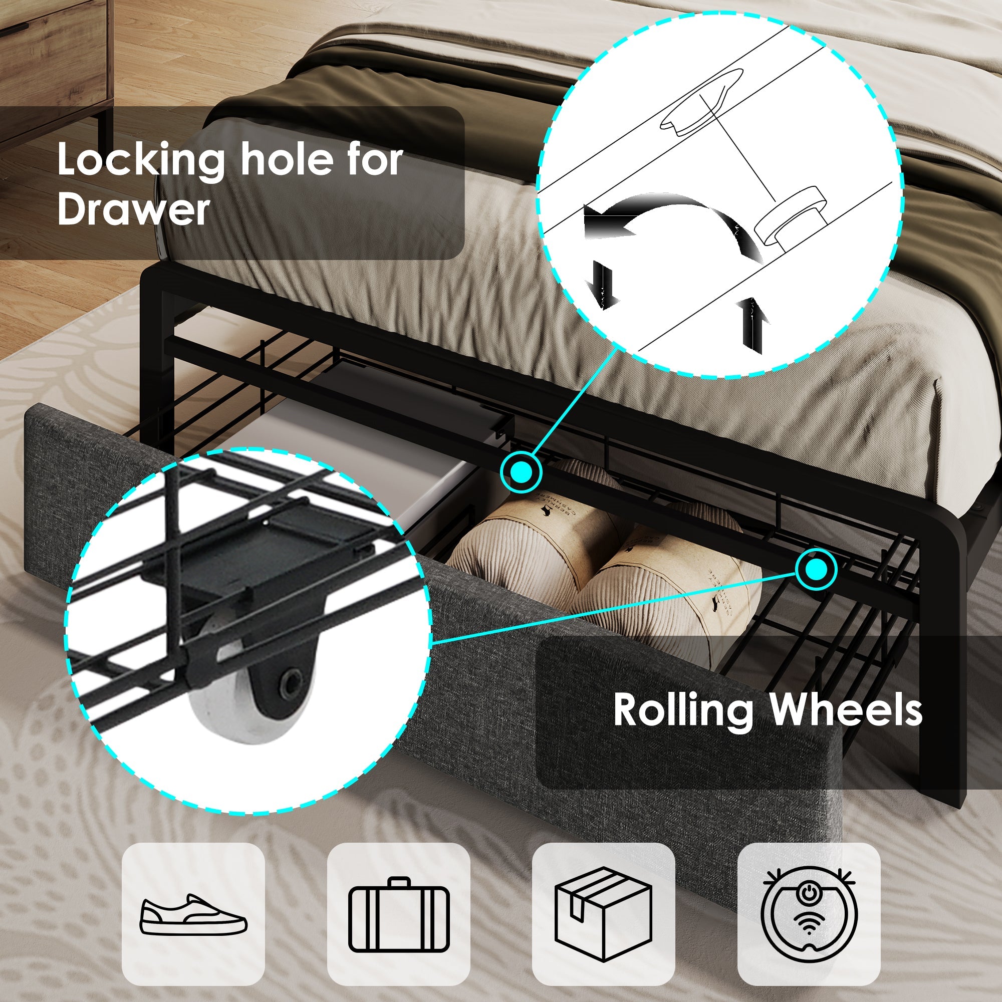 Upholstered Single Bed with LED Lighting, USB Type-C Charging Function, Storage Headboard and Drawers, Linen, Grey