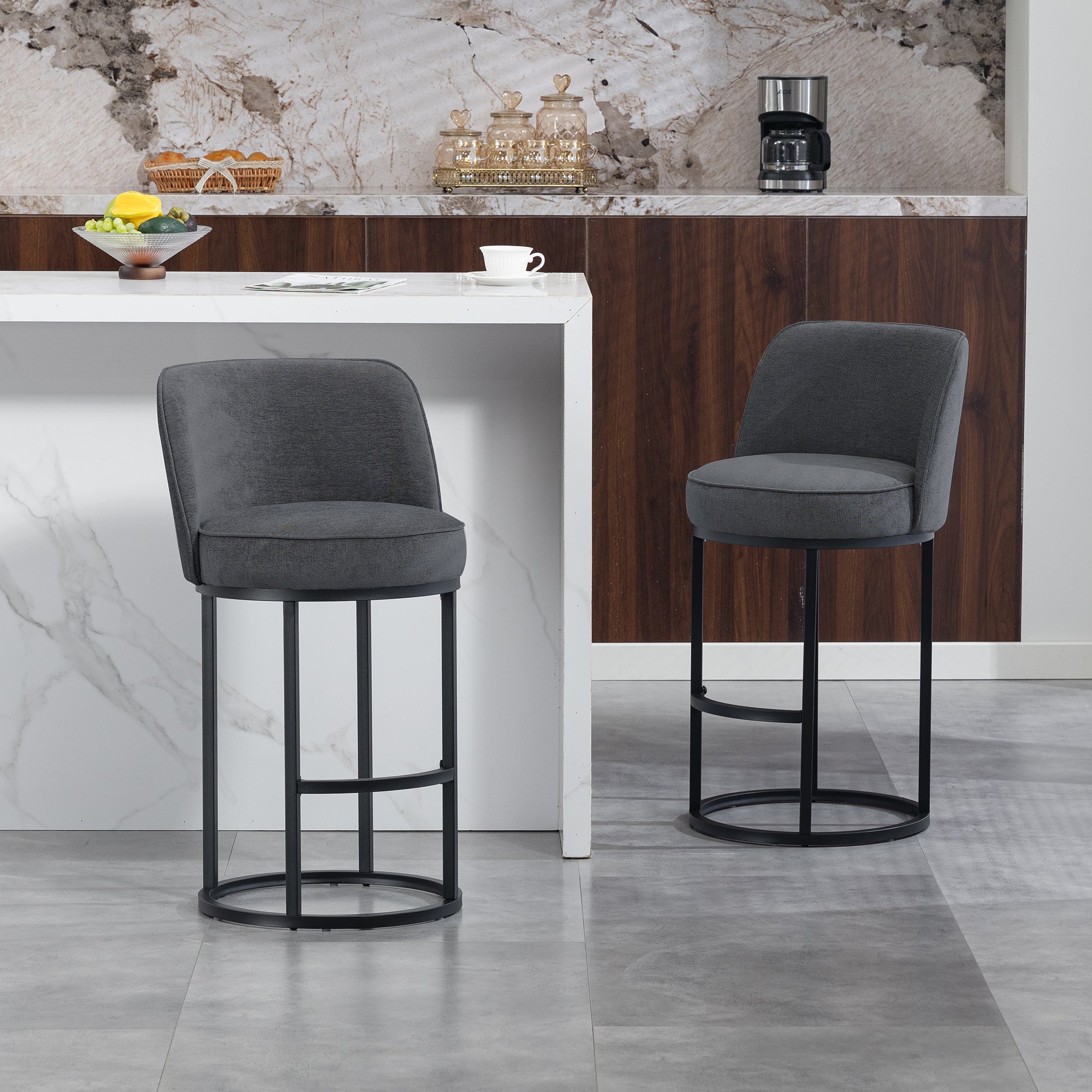 Modern Bar Stools Duo Set with Upholstered Seat and Metal Legs, Linen Upholstery