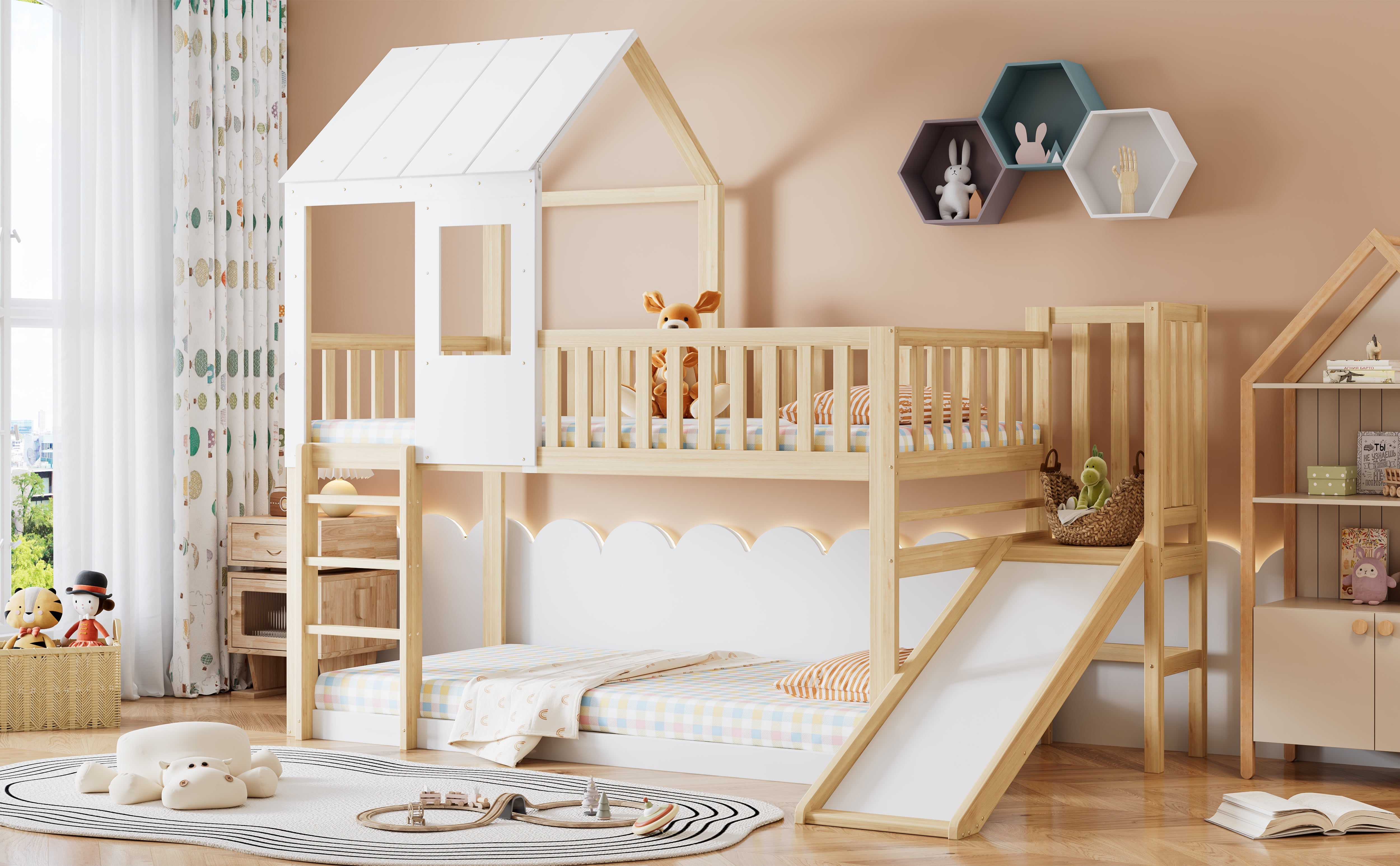 Bunk Bed with Ladder, Slide, Roof & Window, Pine Wood, Natural + White