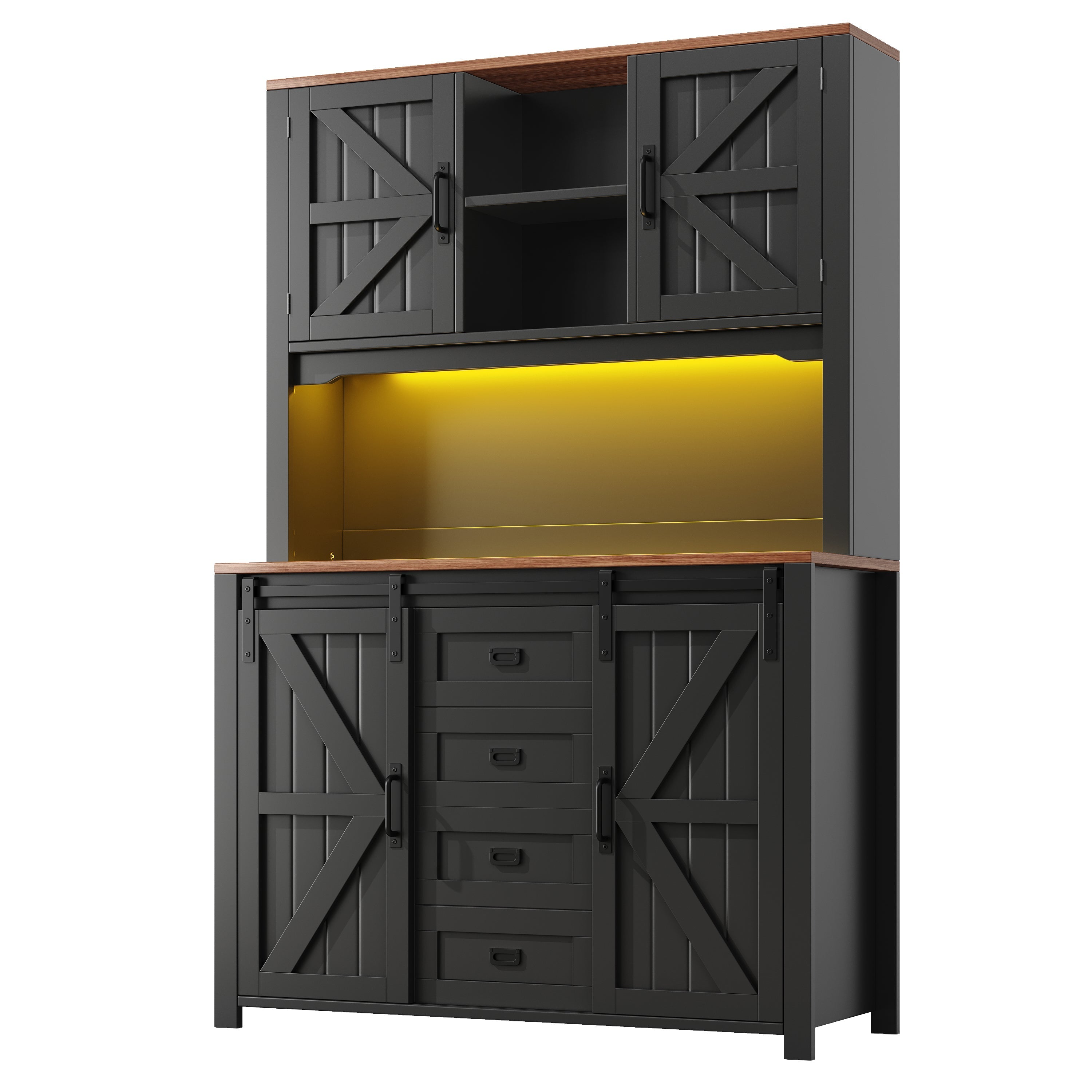 Tall Kitchen Sideboard 115x40x175cm Sliding Doors LED - Black/White