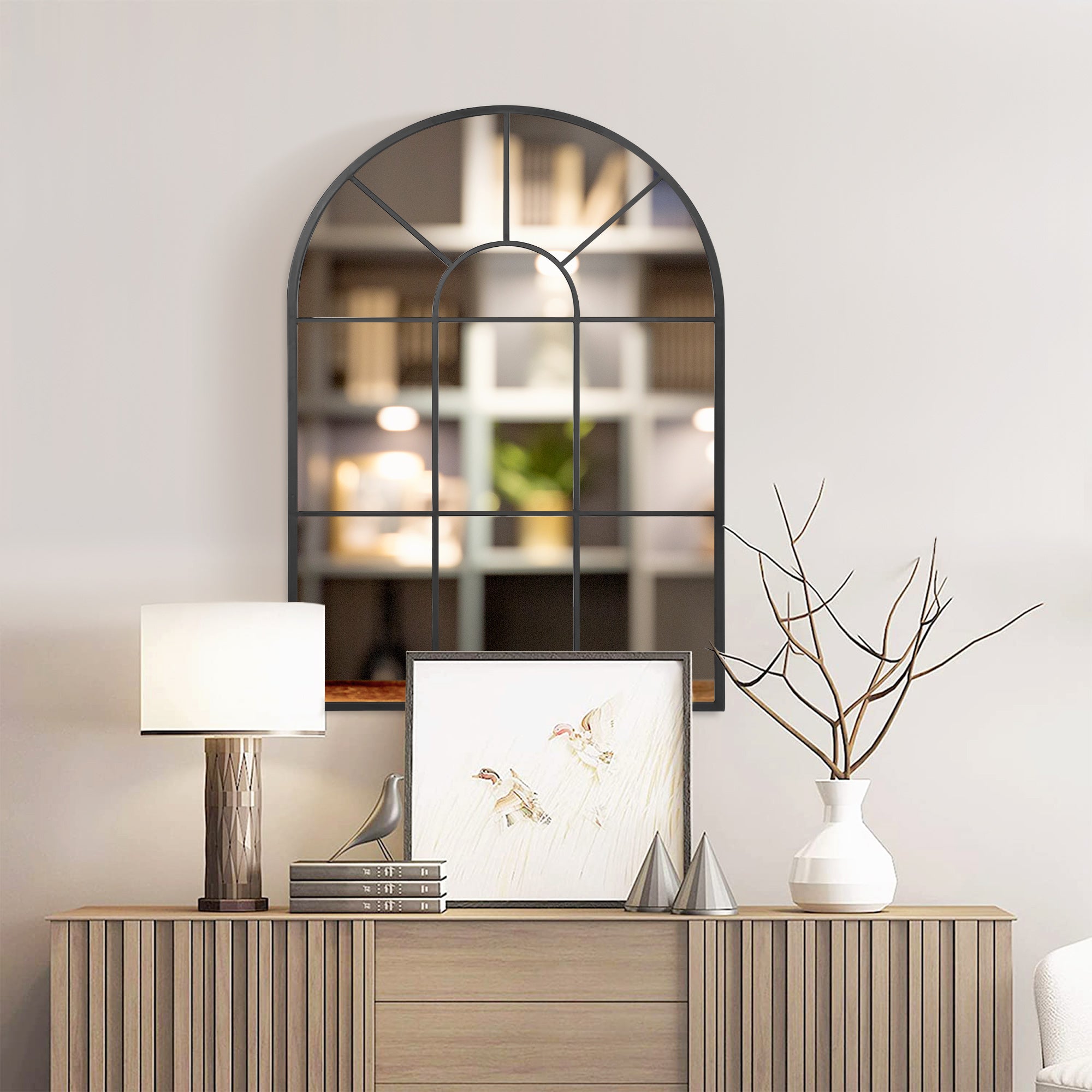 Arched Wall Mirror Modern, Window Style 91 x 60 cm, Black