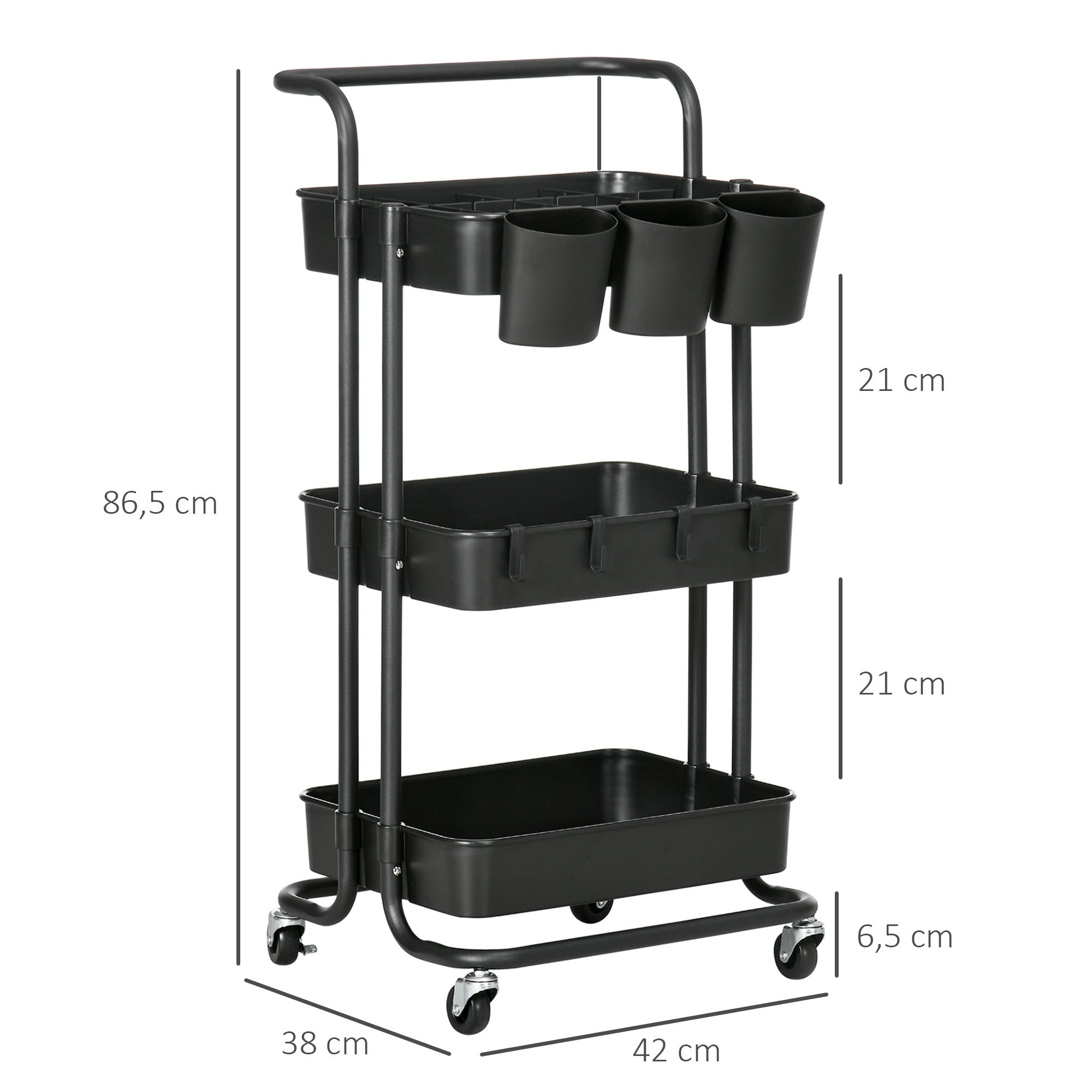 Serving Cart, 3-Tier Storage with Hooks, Steel Black