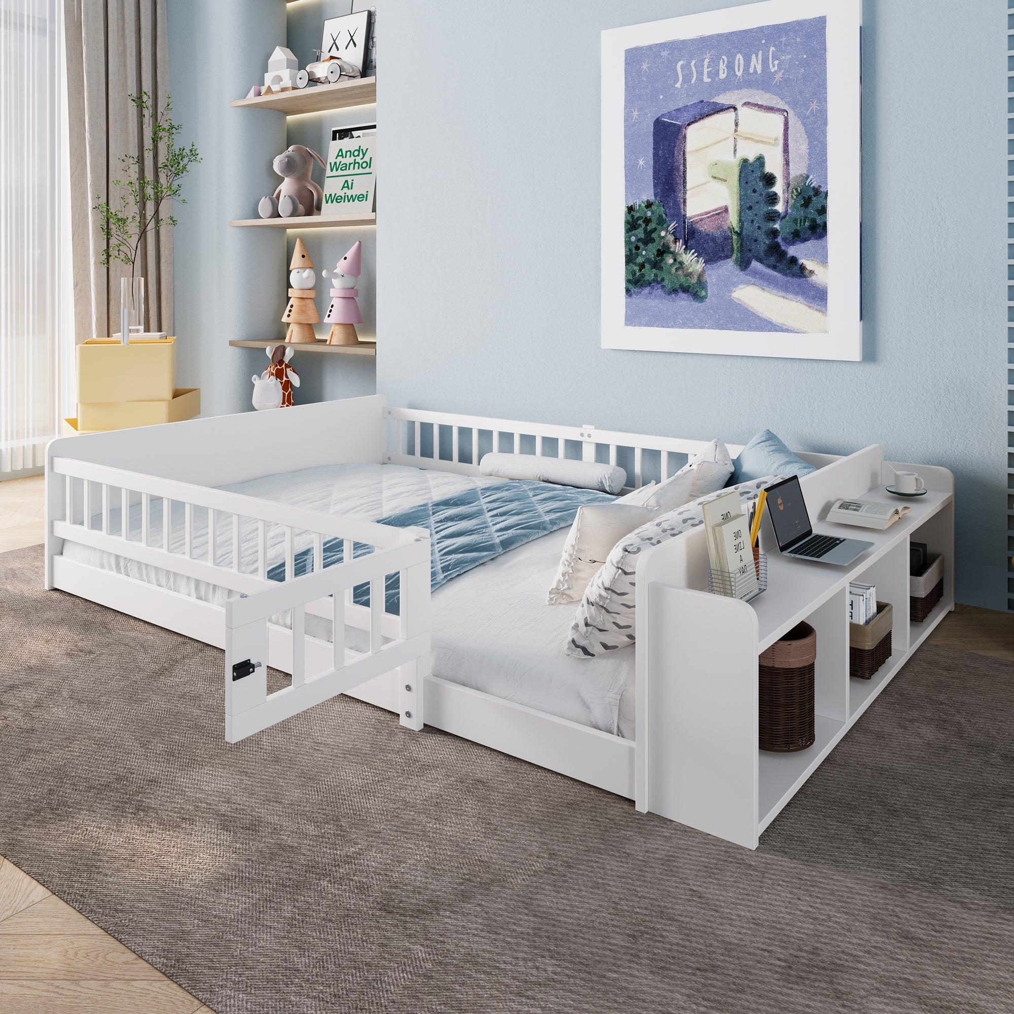 Wooden Children's Bed 140x200cm Open Storage Shelves Pine Wood - White