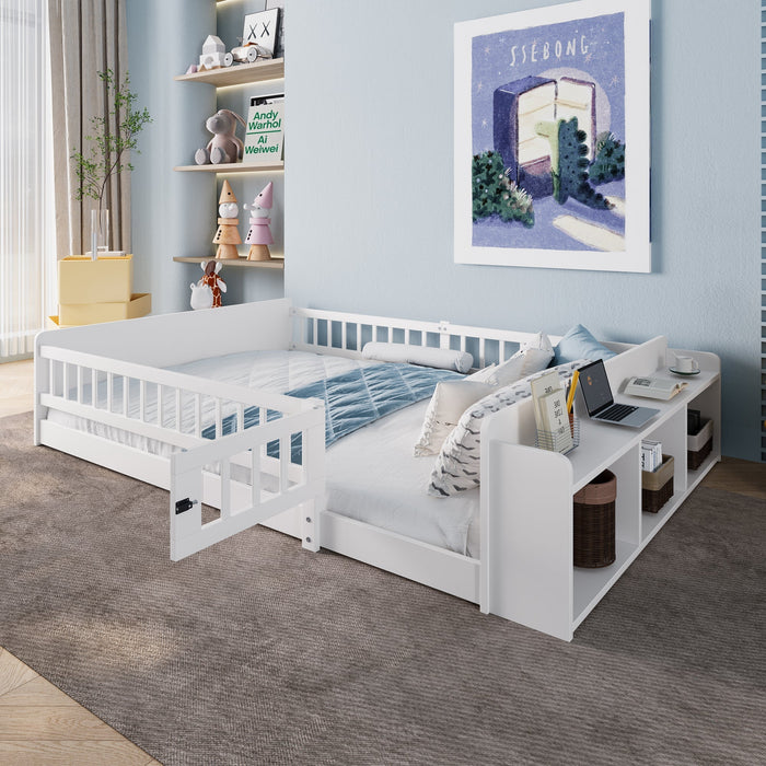 Children's Wooden Bed 140x190cm Open Storage Shelves Opening Case - Pine White
