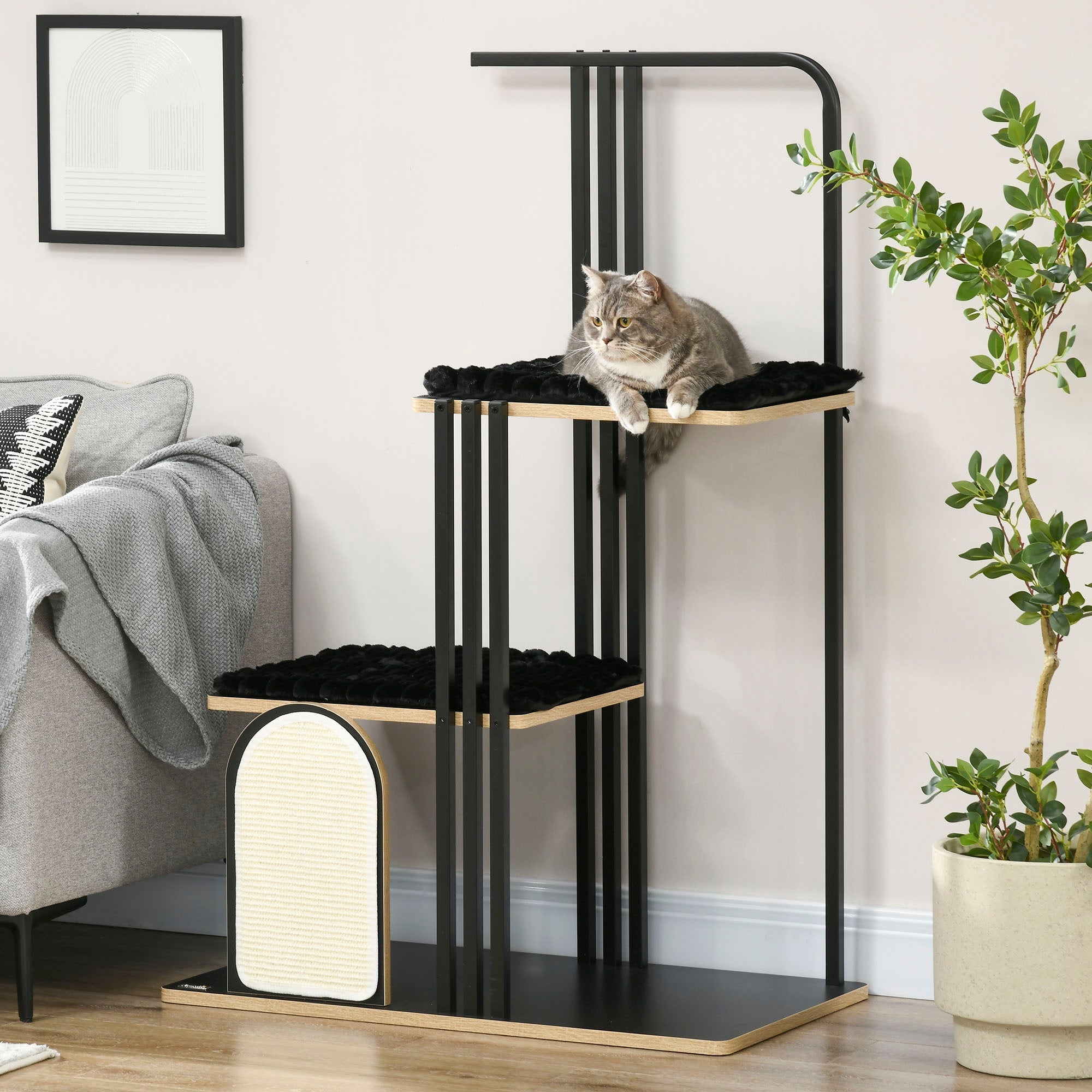 Katzenbaum mit Kissen, Kratzbrett, 2 Plattformen, Stahl Schwarz