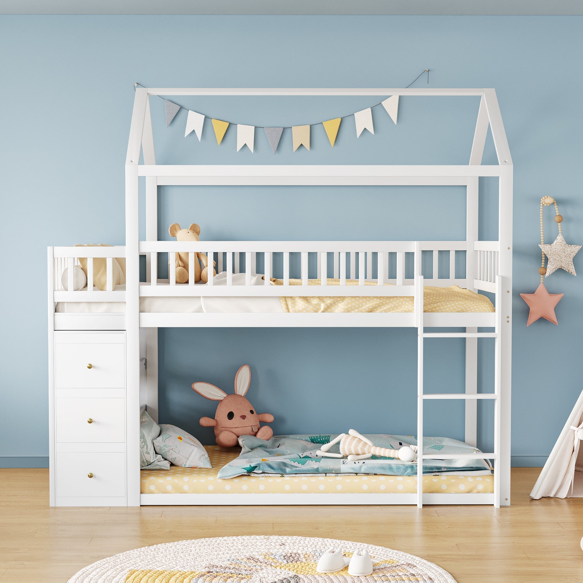 Bunk Bed, House Shape with Storage and Ladder, Solid Wood, White