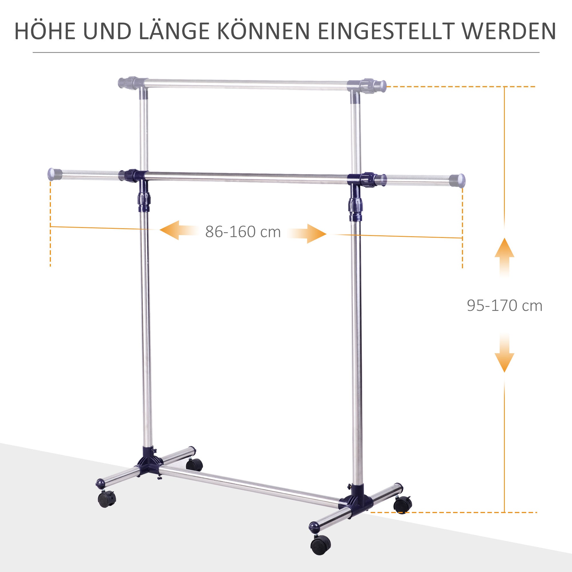 Garderobenständer auf Rollen, höhenverstellbar, ausziehbare Kleiderstange, Edelstahl