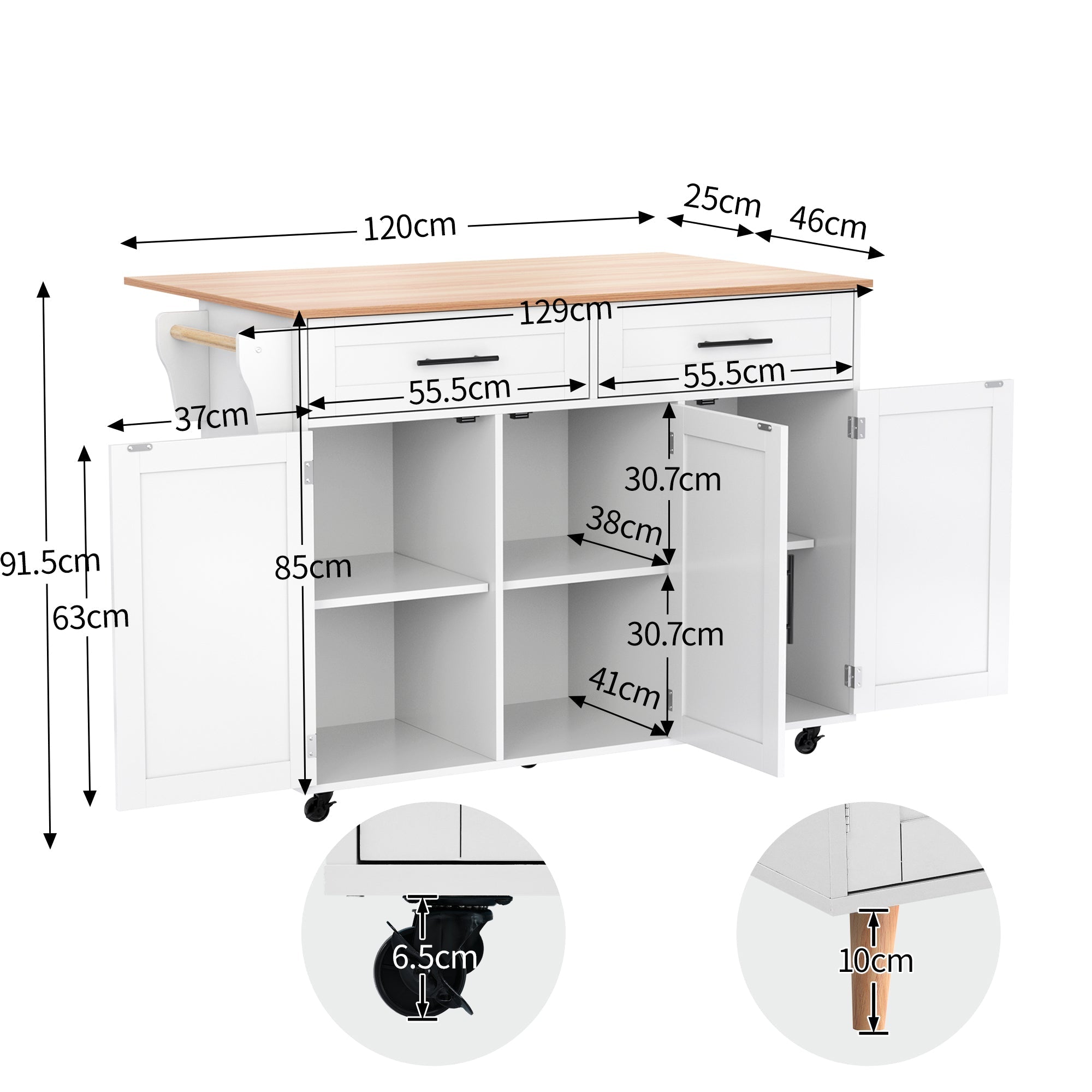 Dining Table Trolley/Sideboard, Folding Top Kitchen Island 5 Wheels 2 Drawers, White