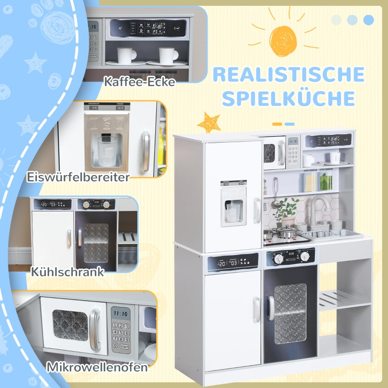 AIYAPLAY Play Kitchen Set, Stainless Steel Dishes, Stove, Sink with Water Circulation, Light & Sound Effects, White