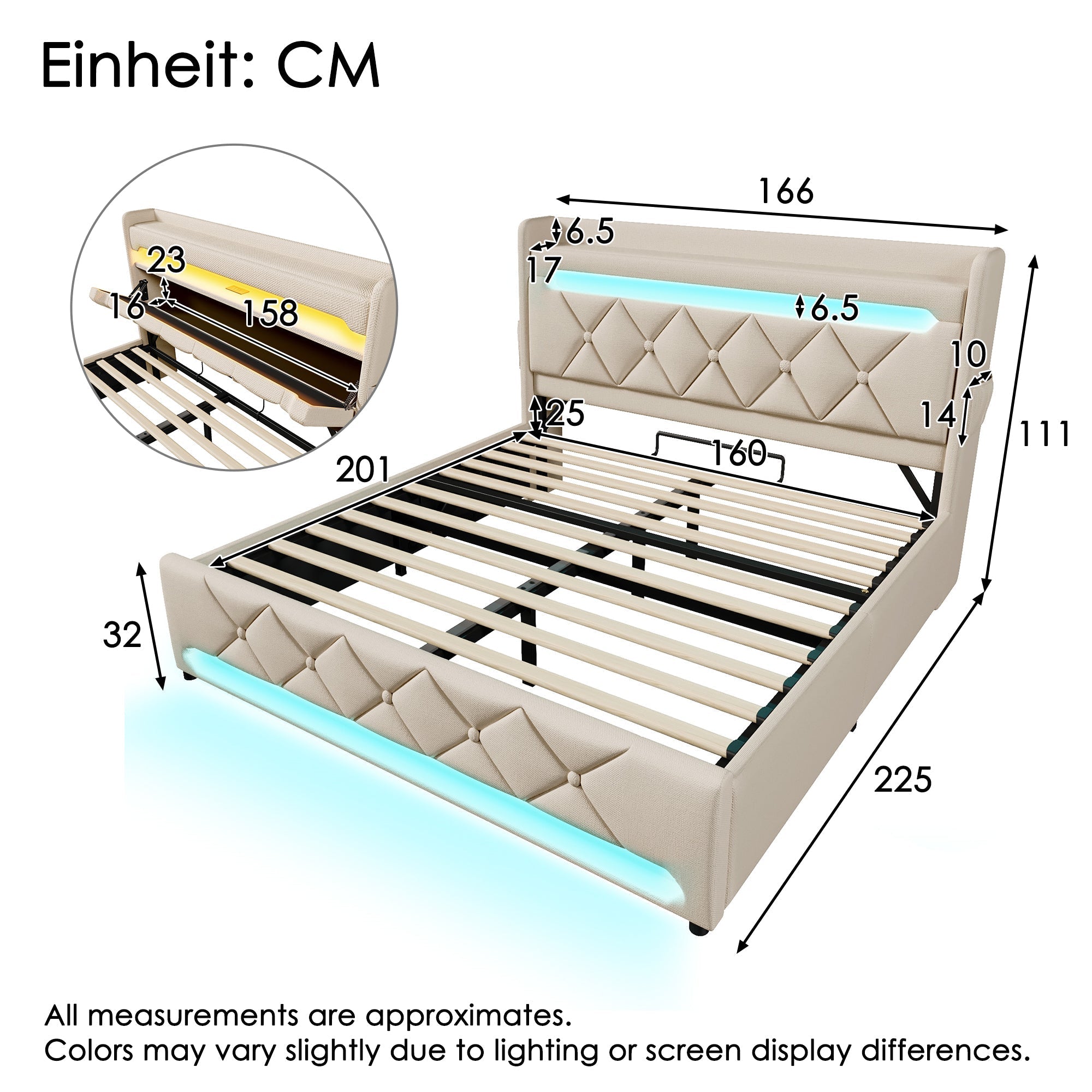 Upholstered Double Bed 160x200, Storage Headboard with USB/Type C & 360 LED, Hydraulic Lift, Beige Linen