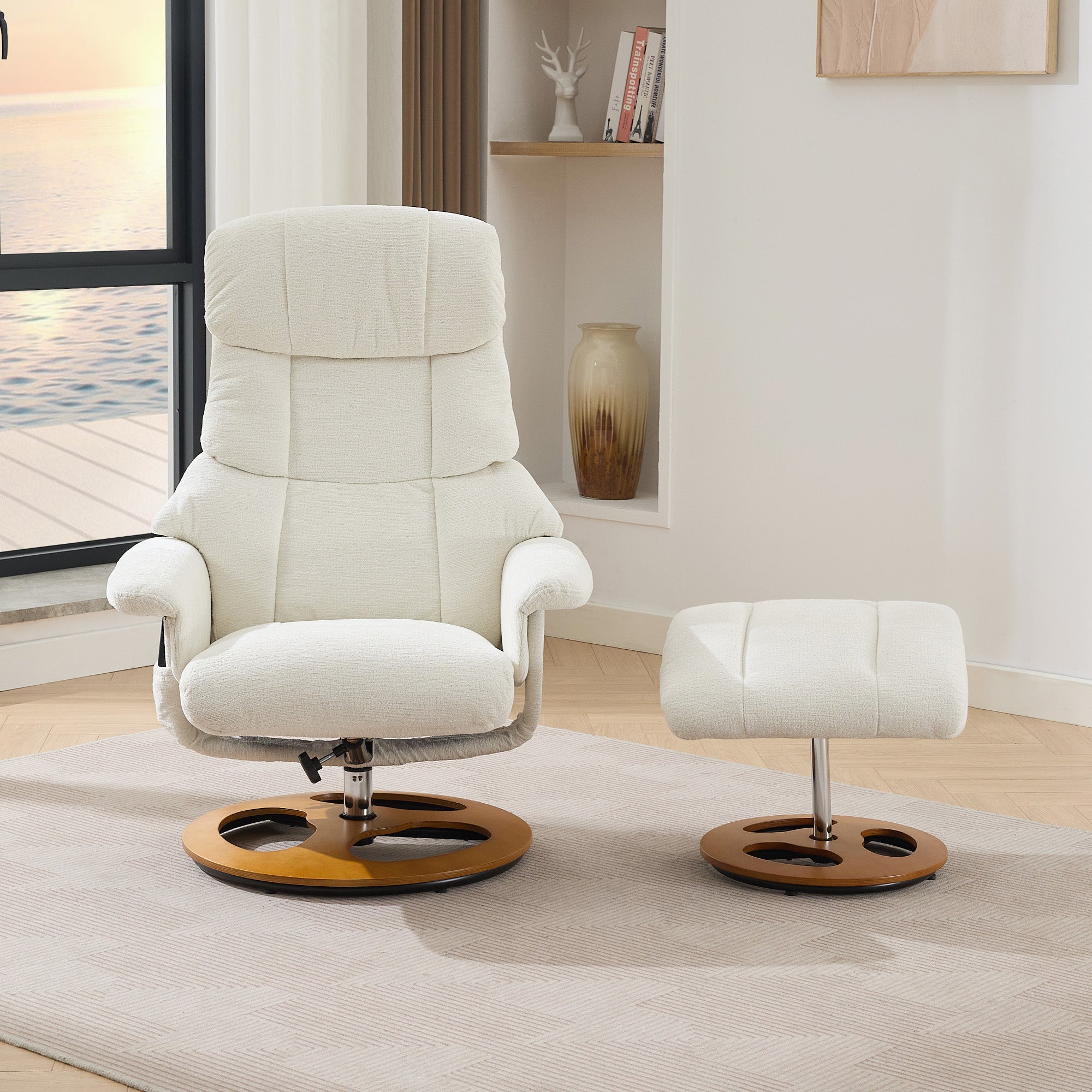 025 Recliner Chair with Massage, Heat, Reclining, Footstool, 360° Rotatable, Chenille Fabric White