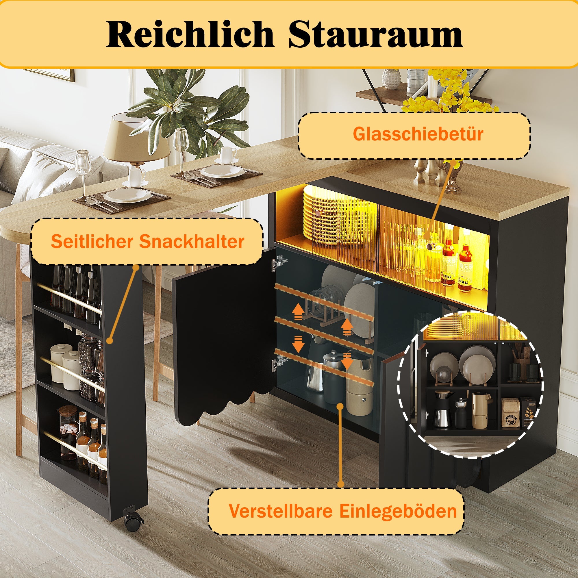 Extendable Bar Table with Storage, Movable, Telescopic LED, Black