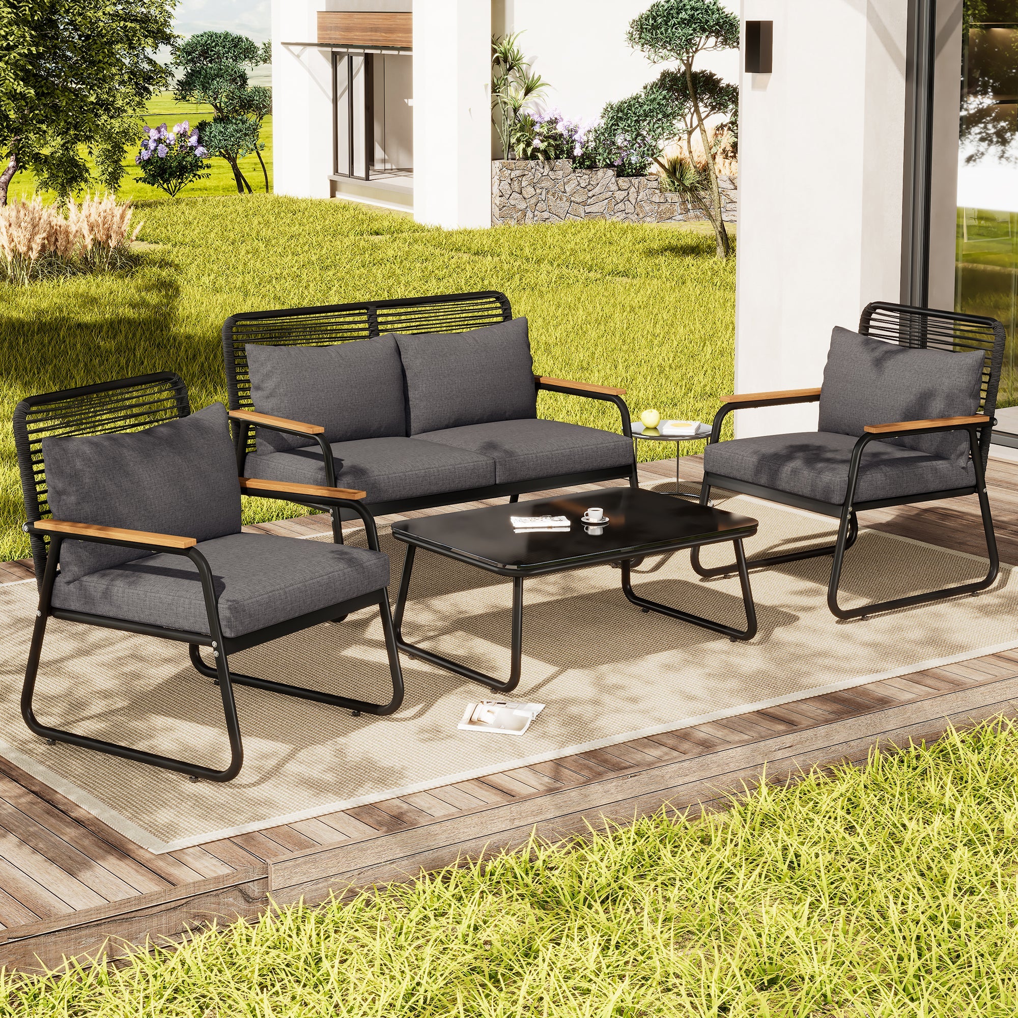 Garden Lounge Set Sofa & Table for 4 Galvanized Iron Tempered Glass - Black