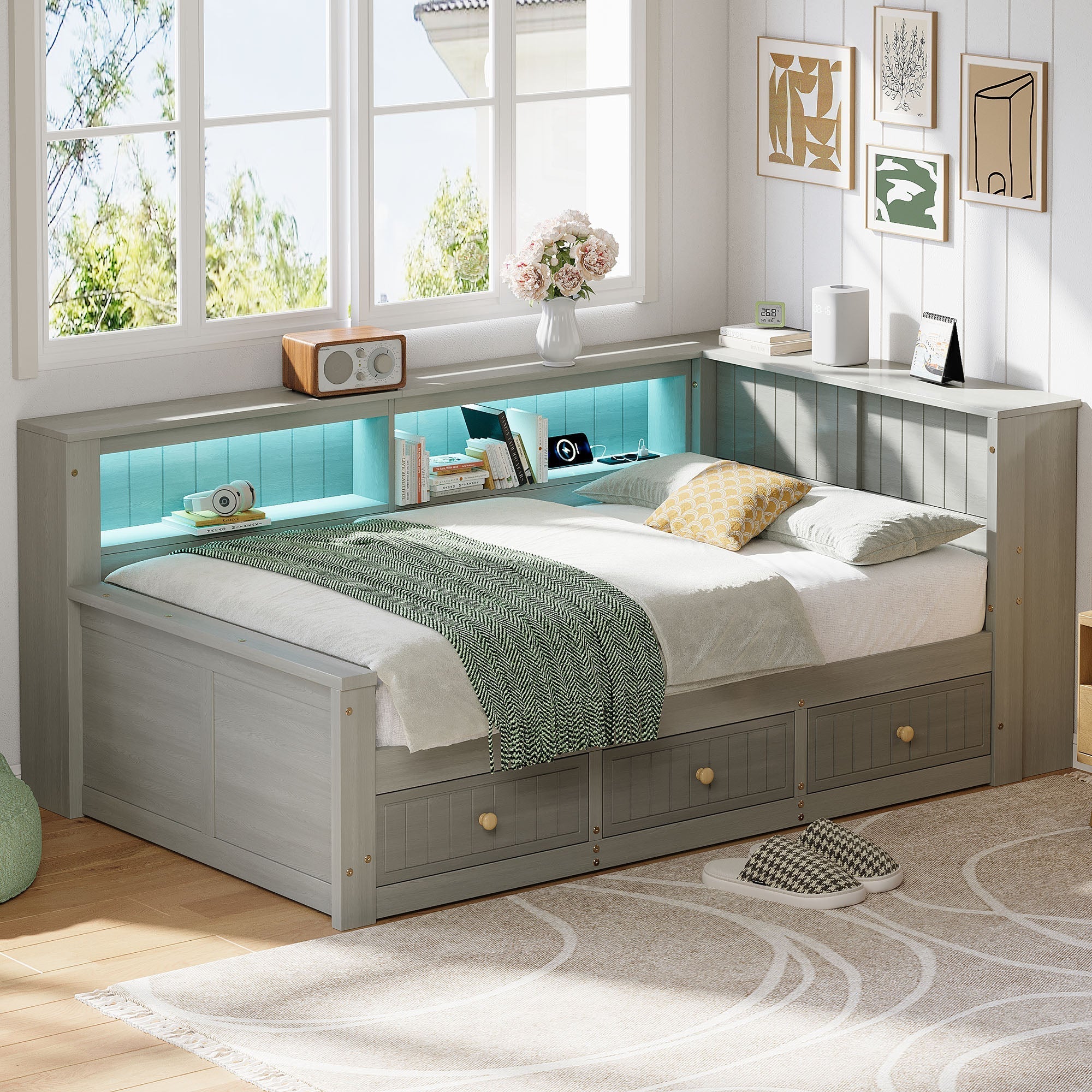 Wooden Daybed with Storage Compartments and 3 Drawers, 90 x 200 cm, Grey
