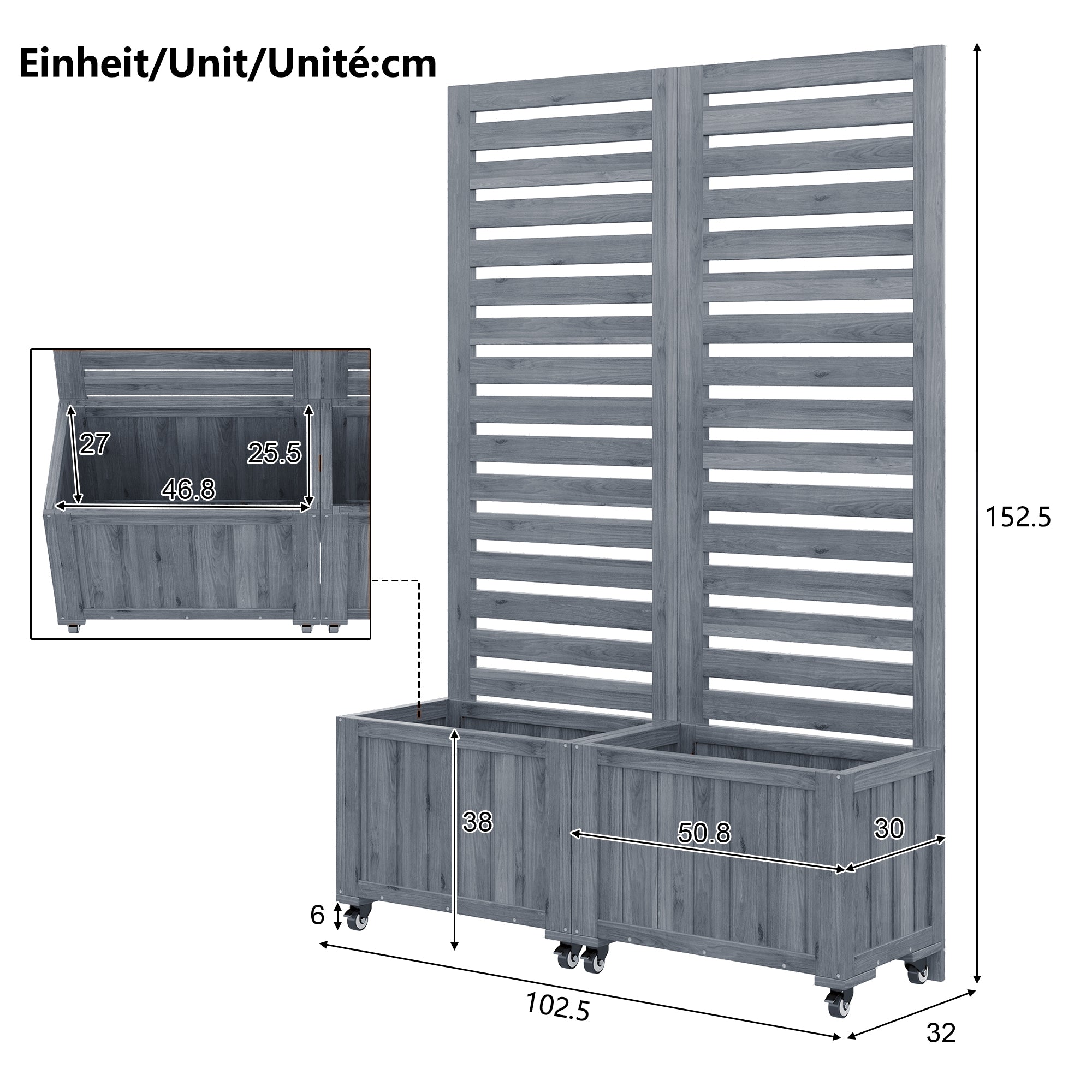 Outdoor Planter with Trellis and Universal Wheels, Grey Wood