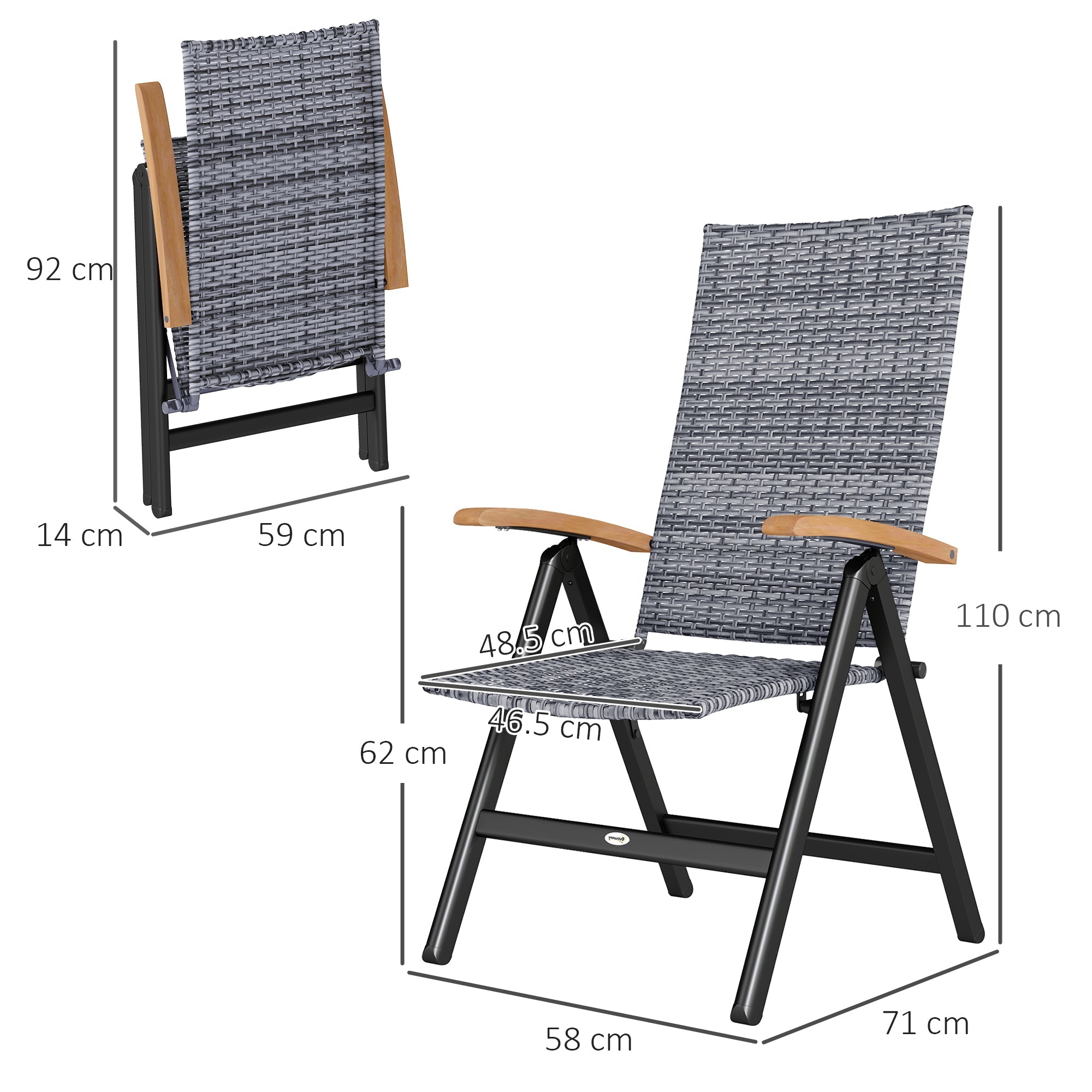 2 Pieces Folding Dining Chairs 5-level Reclining High Back Rattan Light Grey
