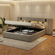 Upholstered Double Bed with USB Port, LED Lighting and Storage, 160x200cm, Grey Velvet