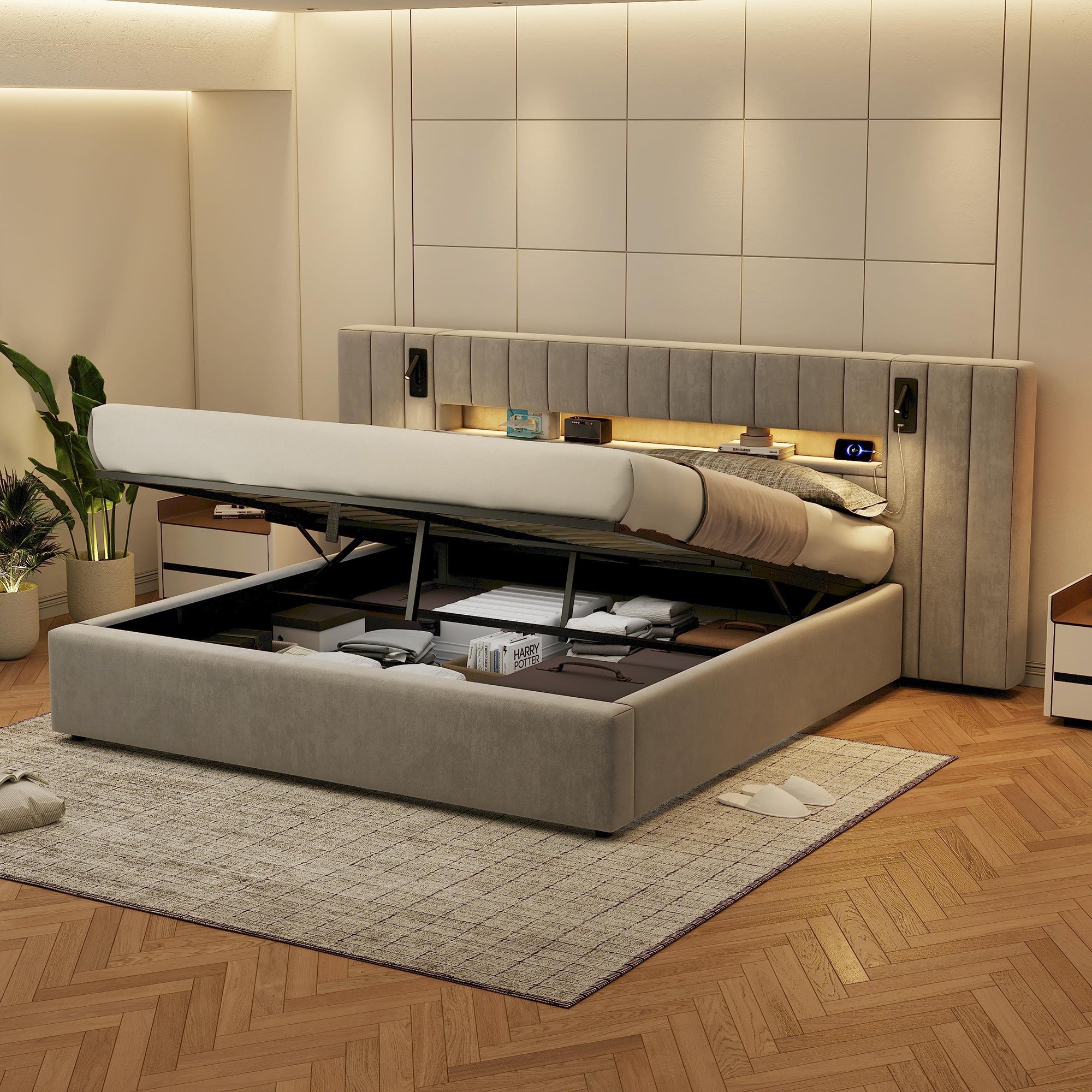 Upholstered Double Bed with USB Port, LED Lighting and Storage, 160x200cm, Grey Velvet