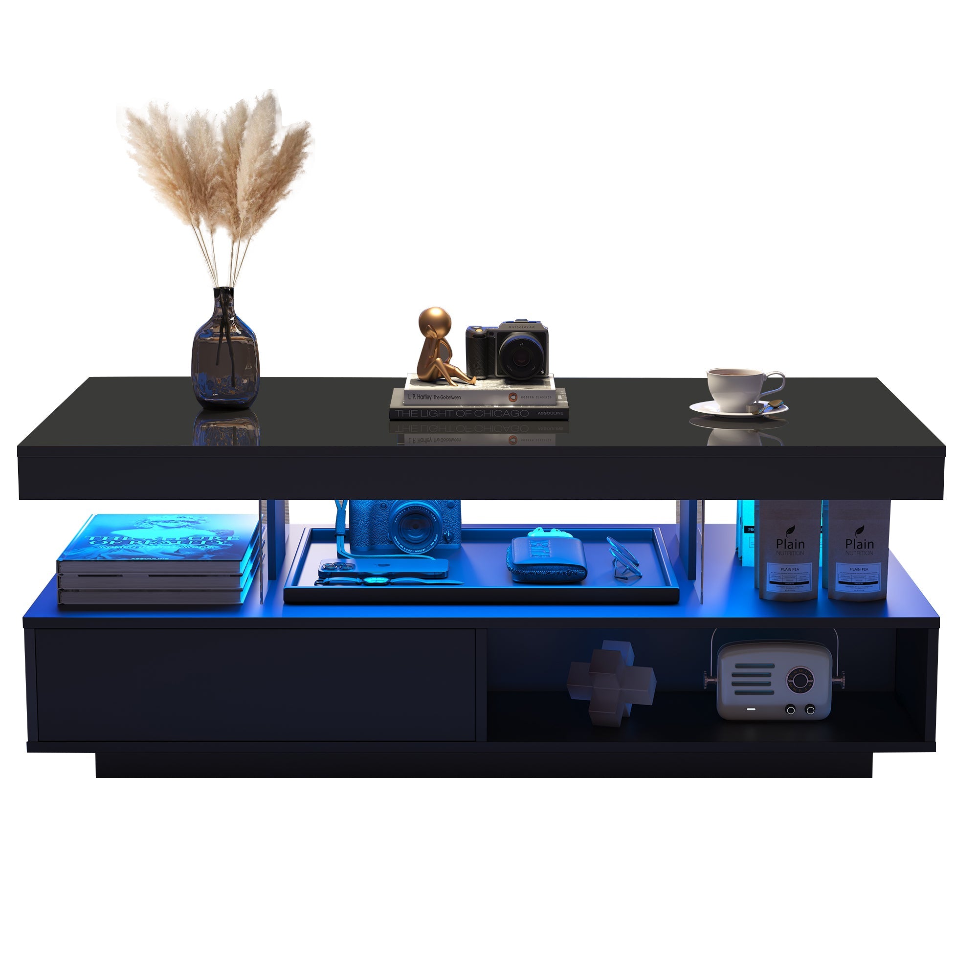 Black High-Gloss Coffee Table with Glass Tops & Drawers