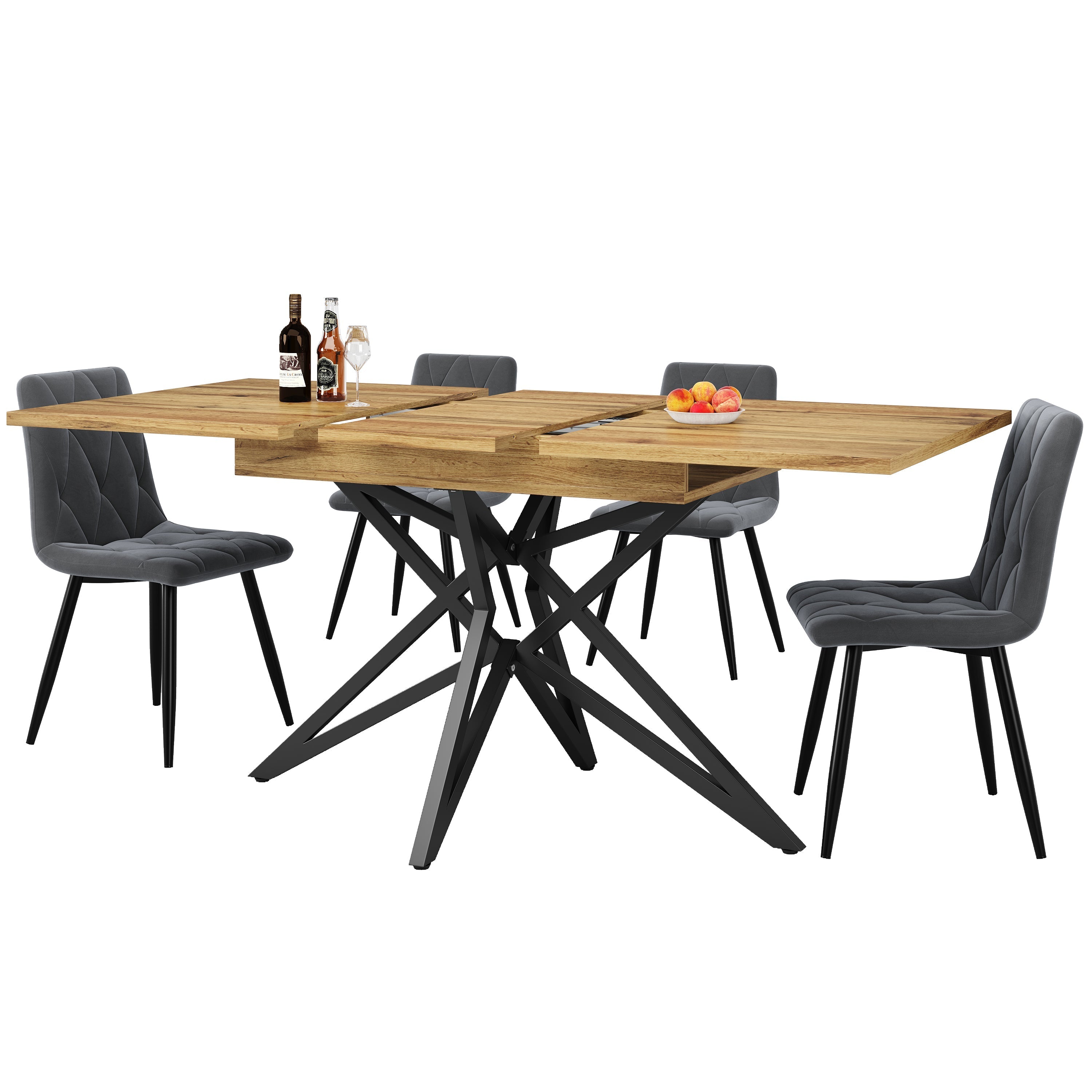 Extendable Dining Table with Star-Shaped Legs, Walnut and Marble Look