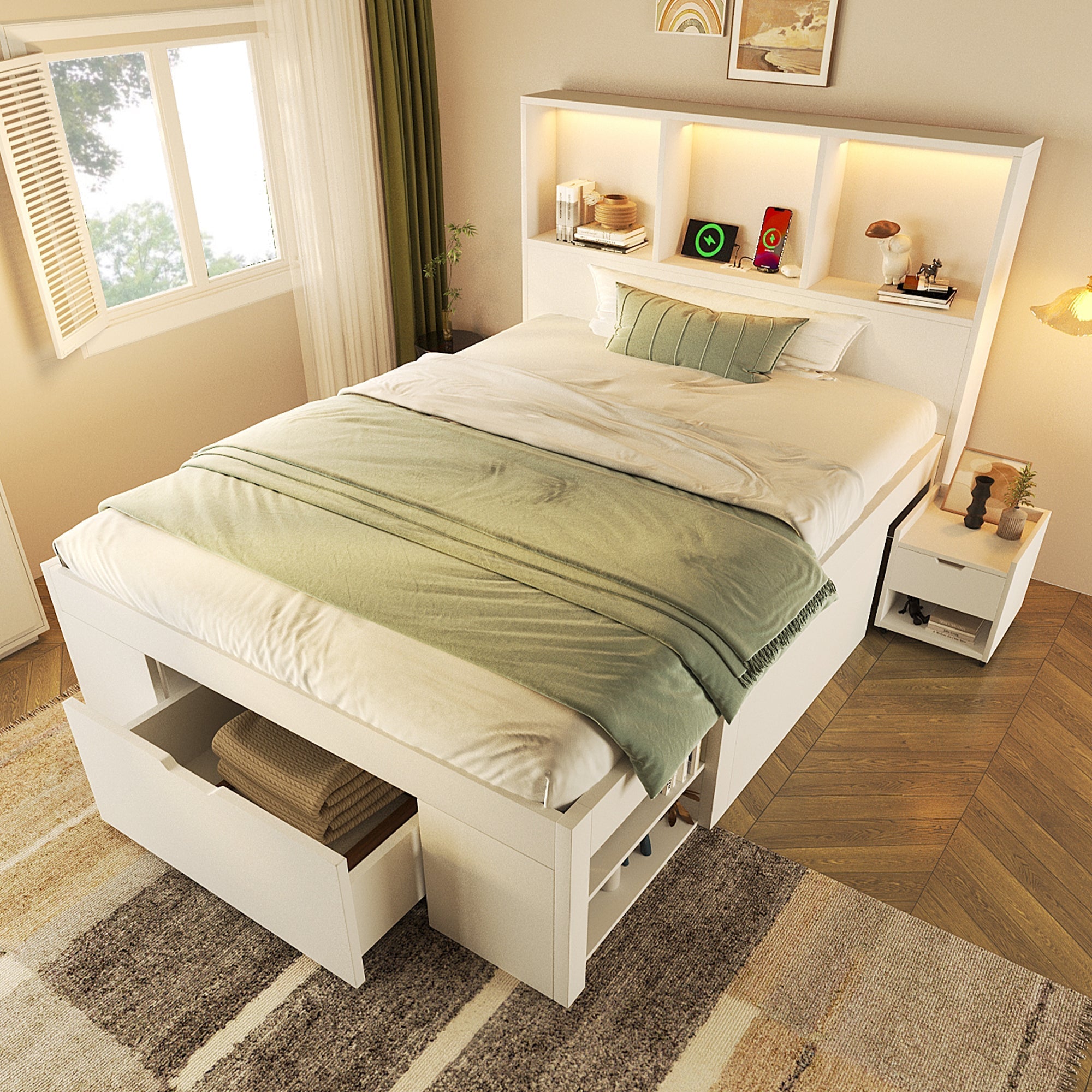 Functional Bed with LED Lighting, USB-C Charging and Storage, White Wood