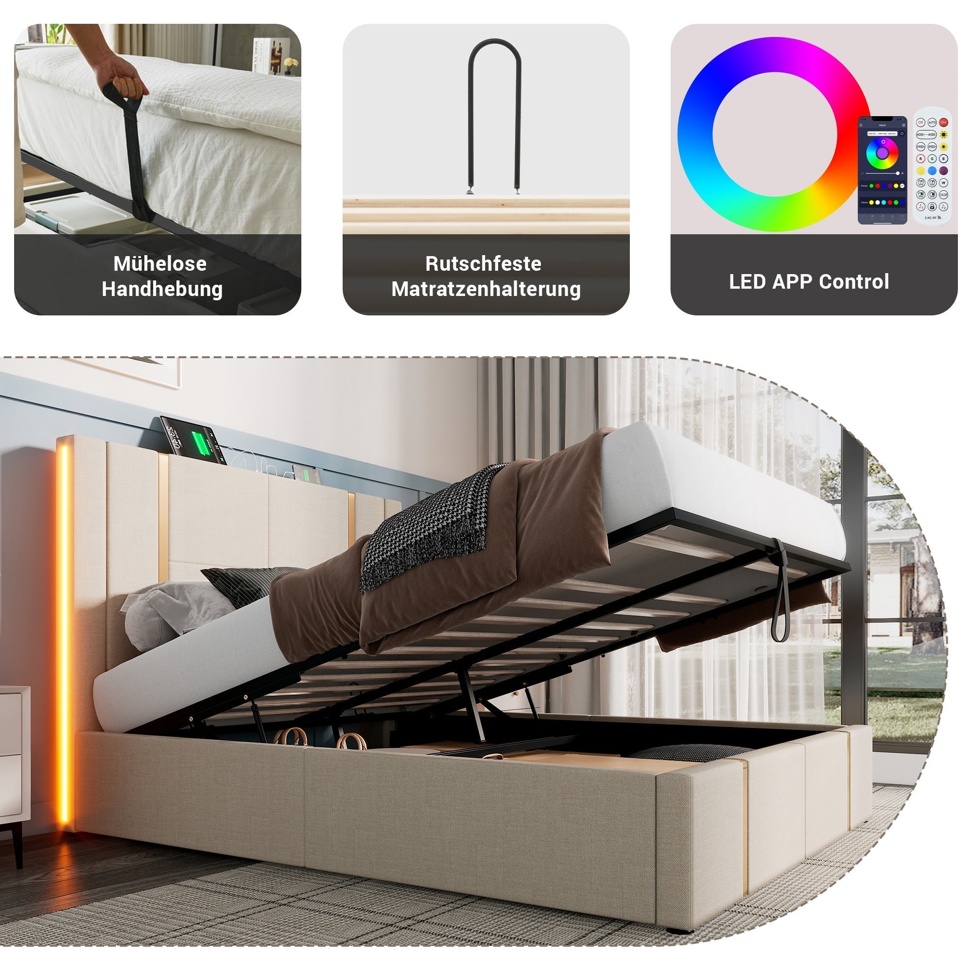 Upholstered Double Bed, 140x200 LED USB-C Storage, Beige Linen